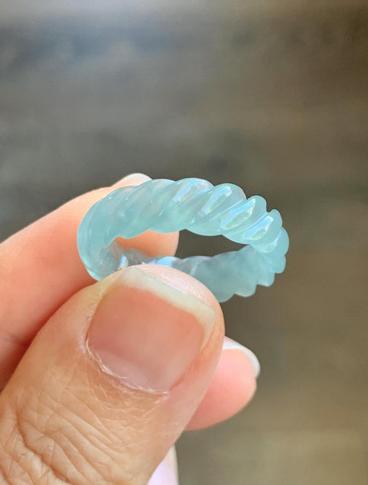 Natural Grade A Guatemalan Icy Highly Translucent Gelatinous Light Teal Jade Jadeite Carved Braid Band Ring Size 6.75 天然高冰危浅蓝绿翡翠麻花戒圈 MHW110A