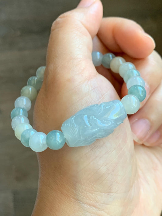 Natural Grade A Icy Translucent Pastel Blue Jade Jadeite Carved Nine-Tailed Fox Multicolored Beaded Bracelet 7” 25g 天然冰胶淡蓝翡翠九尾狐珠多宝手串 MDBH395