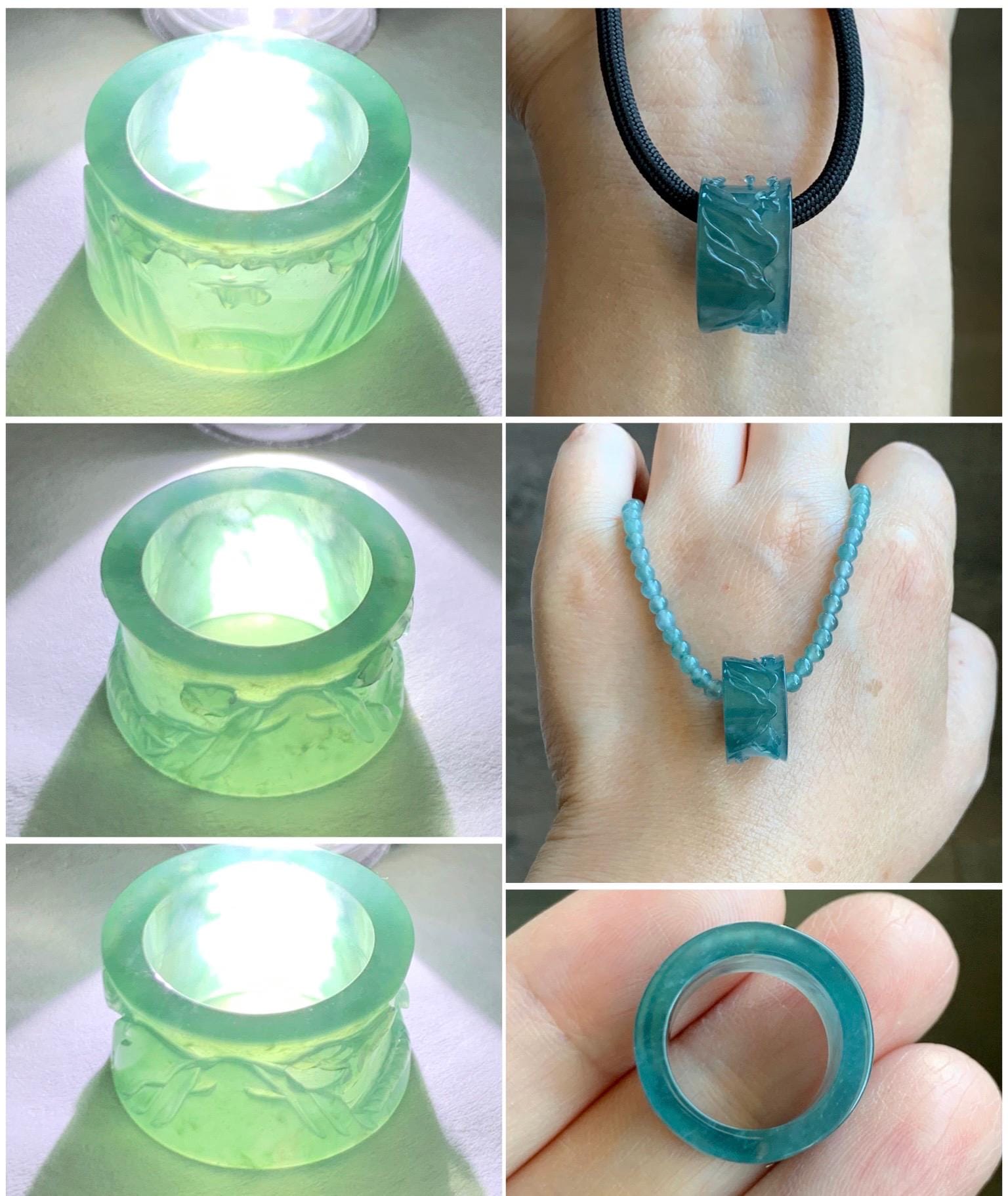 Natural Grade A Guatemalan Icy Highly Translucent Dark Teal Blue Jade Jadeite Engraved Shan Shui Band Ring Pendant 4g 天然冰危深蓝翡翠山水跑环吊坠 WQL66A