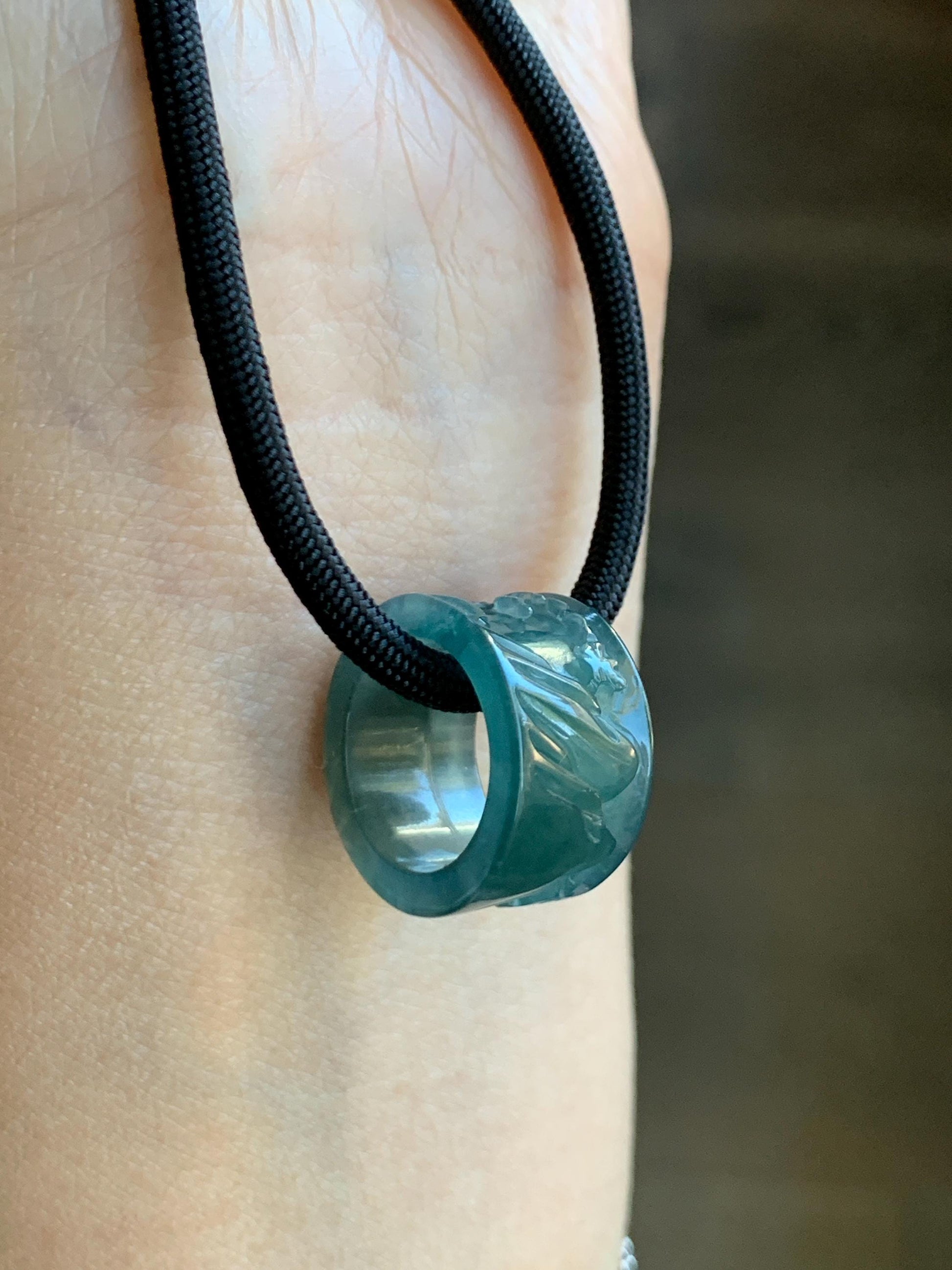 Natural Grade A Guatemalan Icy Highly Translucent Dark Teal Blue Jade Jadeite Engraved Shan Shui Band Ring Pendant 4g 天然冰危深蓝翡翠山水跑环吊坠 WQL66A