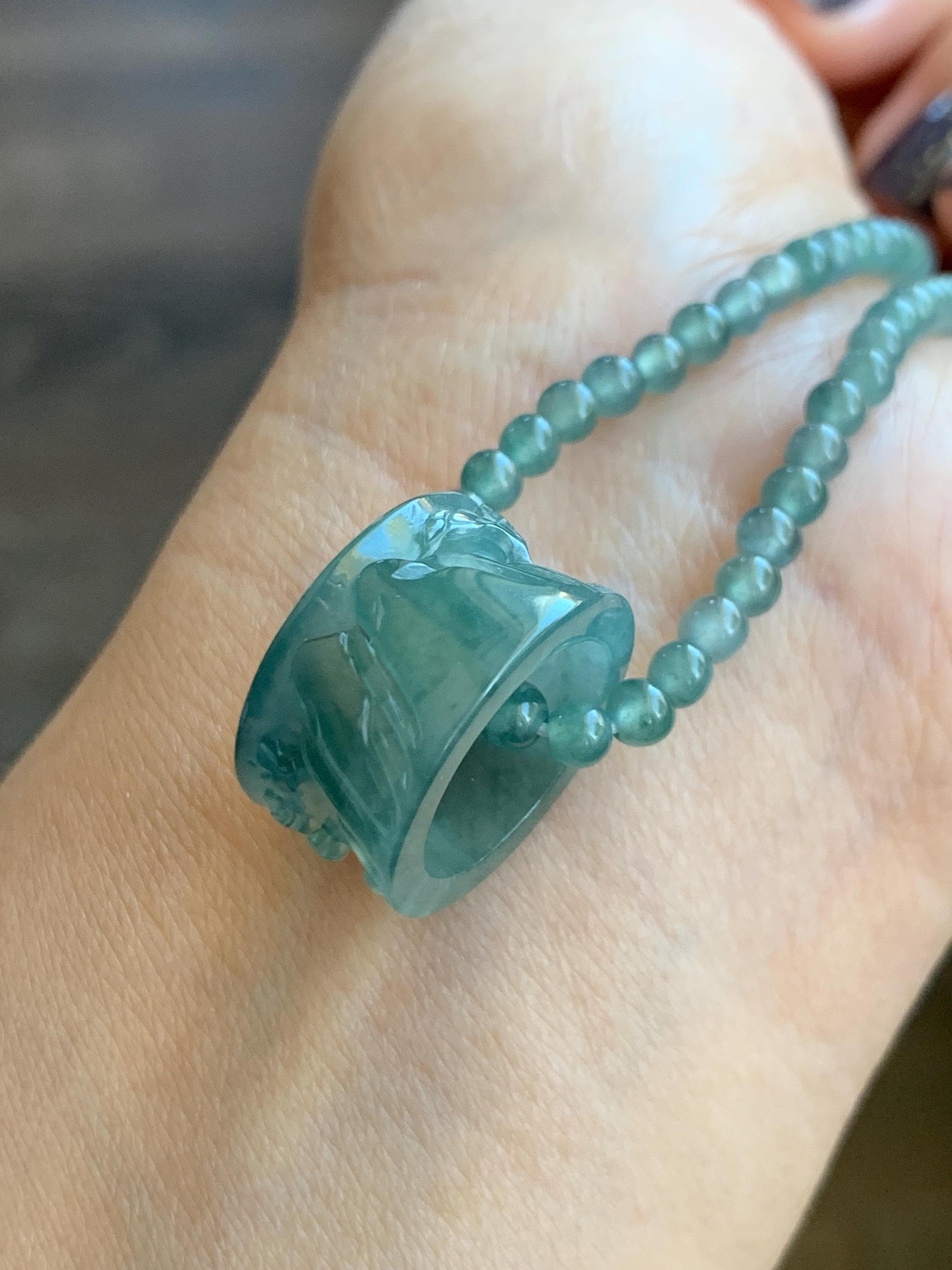 Natural Grade A Guatemalan Icy Highly Translucent Dark Teal Blue Jade Jadeite Engraved Shan Shui Band Ring Pendant 4g 天然冰危深蓝翡翠山水跑环吊坠 WQL66B