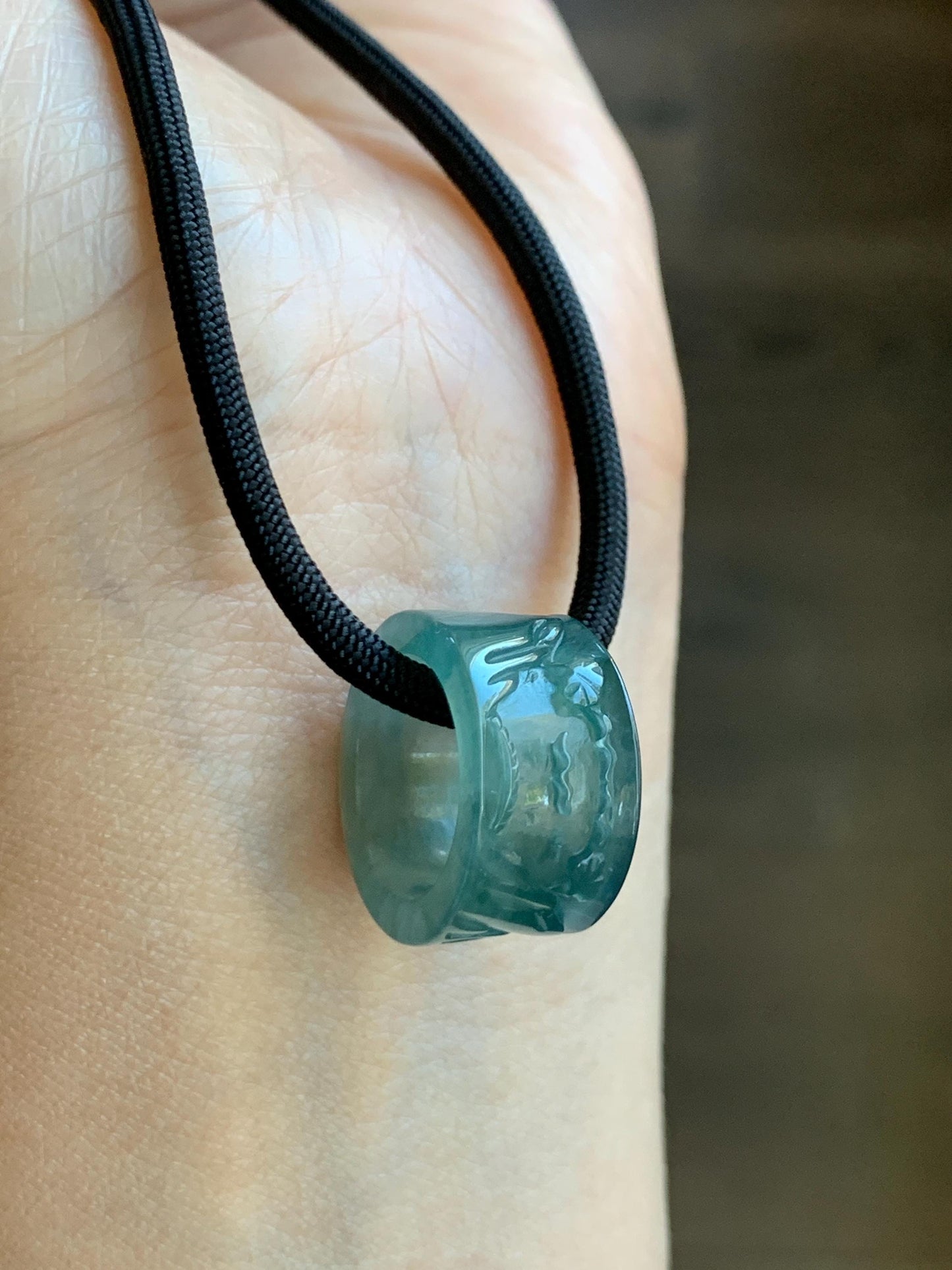 Natural Grade A Guatemalan Icy Highly Translucent Dark Teal Blue Jade Jadeite Engraved Shan Shui Band Ring Pendant 4g 天然冰危深蓝翡翠山水跑环吊坠 WQL66B