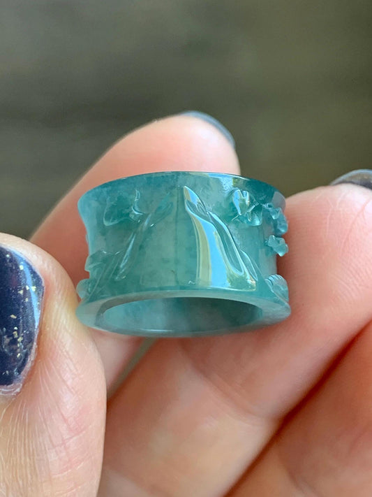 Natural Grade A Guatemalan Icy Highly Translucent Dark Teal Blue Jade Jadeite Engraved Shan Shui Band Ring Pendant 4g 天然冰危深蓝翡翠山水跑环吊坠 WQL66B
