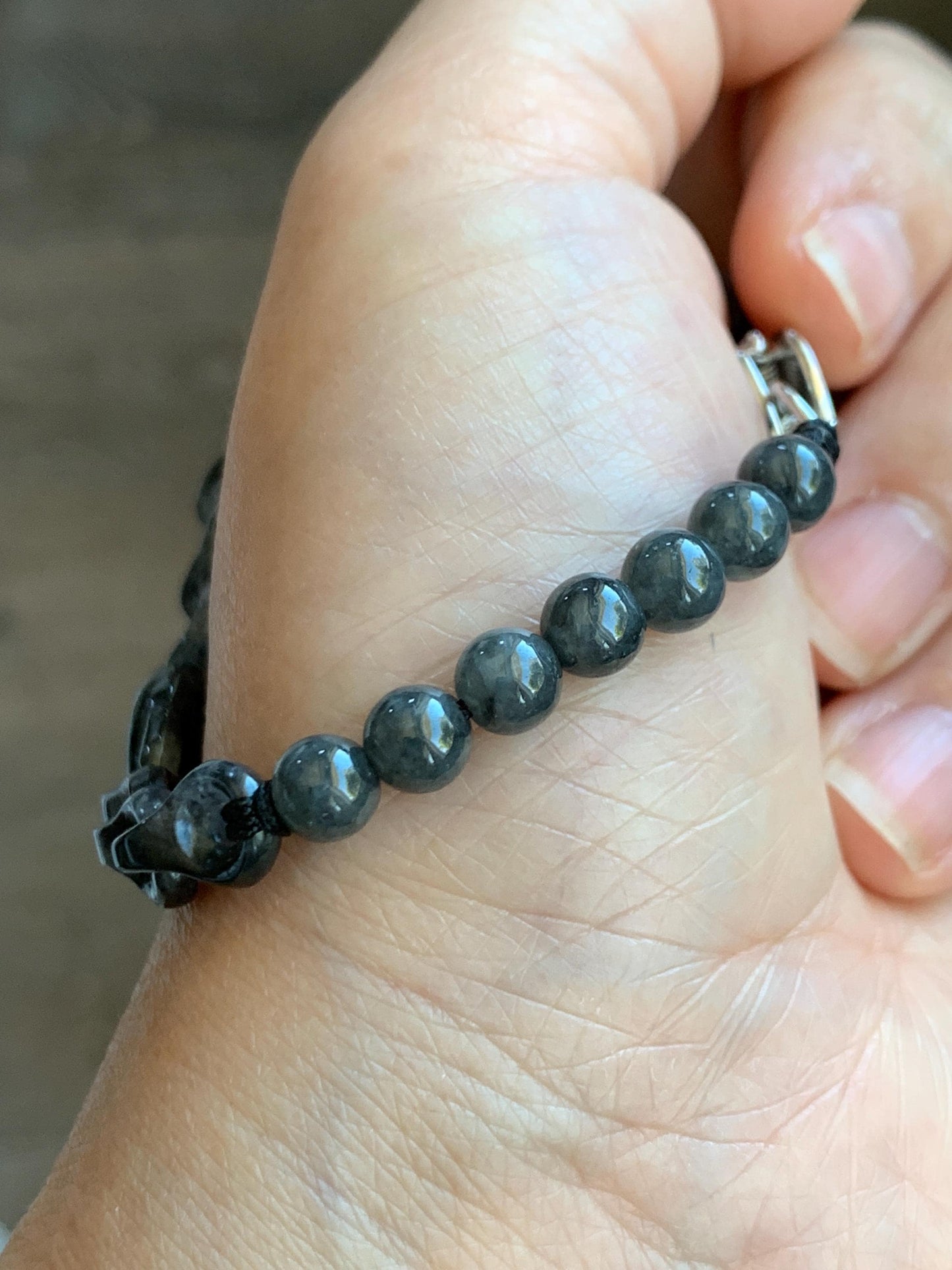 Natural Grade A Icy Translucent Wuji Jadeite Ping An Kou Donut Interlocking Chain Beaded Bracelet 7” Sterling Silver 天然乌鸡翡翠平安扣环环相扣手串 BWHH350