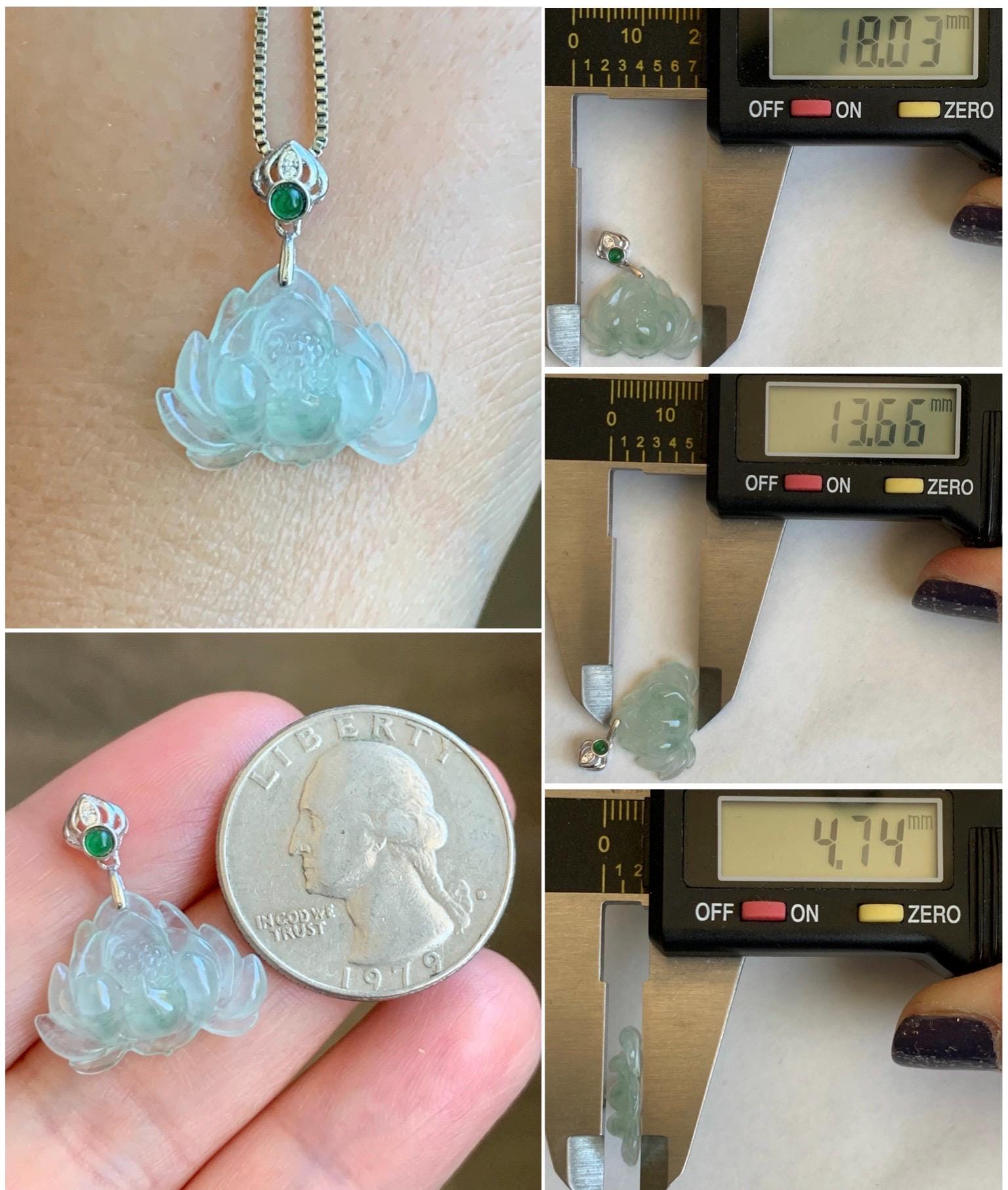 Natural Grade A Icy Highly Translucent Light Green Marbled Jade Jadeite Lotus Flower Petite Pendant Sterling Silver 天然冰晴飘花翡翠迷你莲花镶嵌吊坠 QPM165