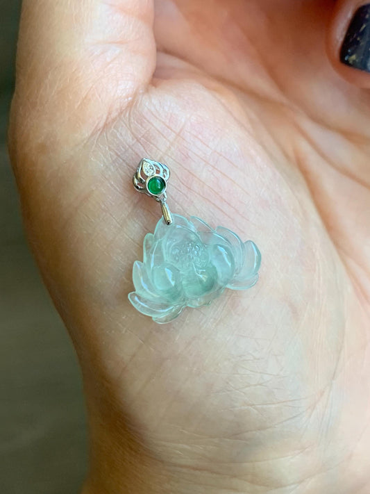 Natural Grade A Icy Highly Translucent Light Green Marbled Jade Jadeite Lotus Flower Petite Pendant Sterling Silver 天然冰晴飘花翡翠迷你莲花镶嵌吊坠 QPM165
