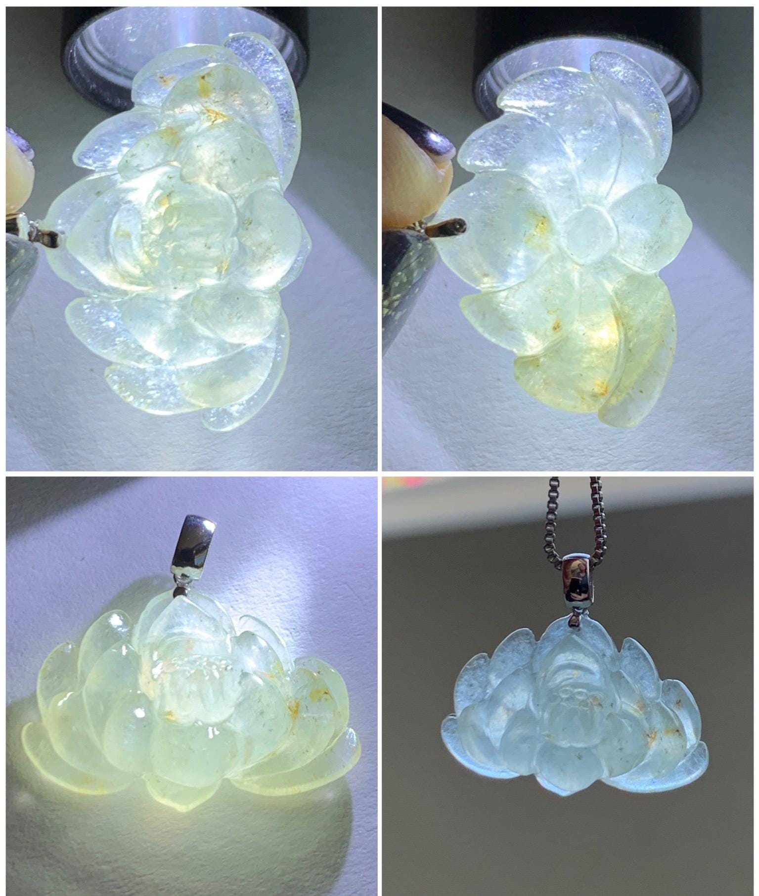 Grade A Natural Icy Highly Translucent Beige Golden Marbled Jadeite Lotus Flower Petite Pendant 18K White Gold 天然冰糖黄撒金翡翠迷你莲花镶嵌吊坠 BTM220