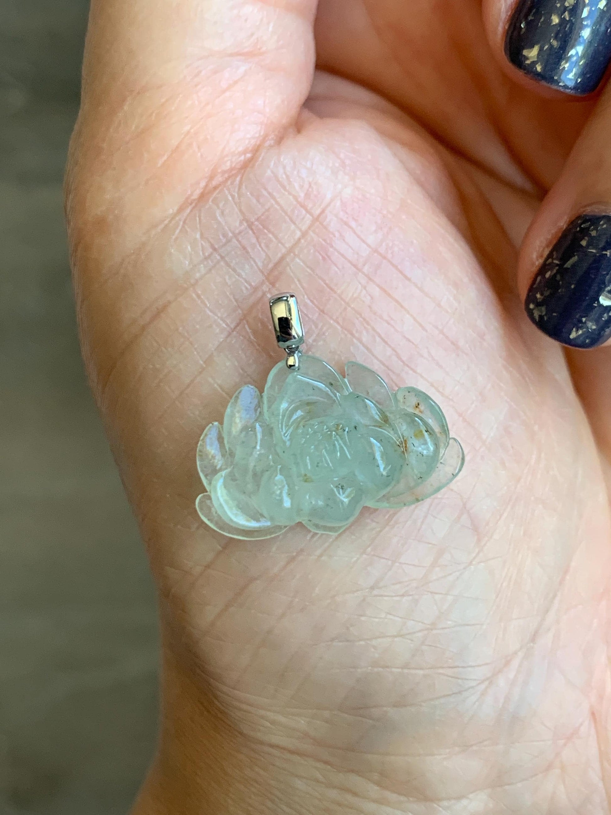 Grade A Natural Icy Highly Translucent Beige Golden Marbled Jadeite Lotus Flower Petite Pendant 18K White Gold 天然冰糖黄撒金翡翠迷你莲花镶嵌吊坠 BTM220