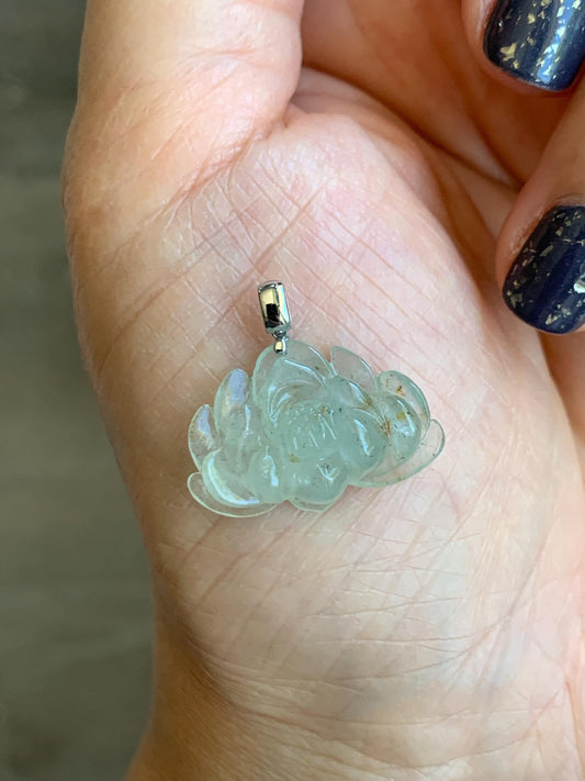 Grade A Natural Icy Highly Translucent Beige Golden Marbled Jadeite Lotus Flower Petite Pendant 18K White Gold 天然冰糖黄撒金翡翠迷你莲花镶嵌吊坠 BTM220