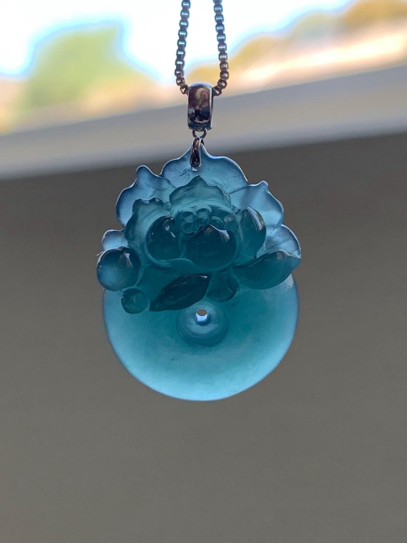 Natural Guatemalan Icy Translucent Deep Aegean Blue Jadeite Lotus Flower Ping An Kou Donut Pendant 18K White Gold 天然冰危深牛仔蓝翡翠莲花平安扣吊坠 NZLW150