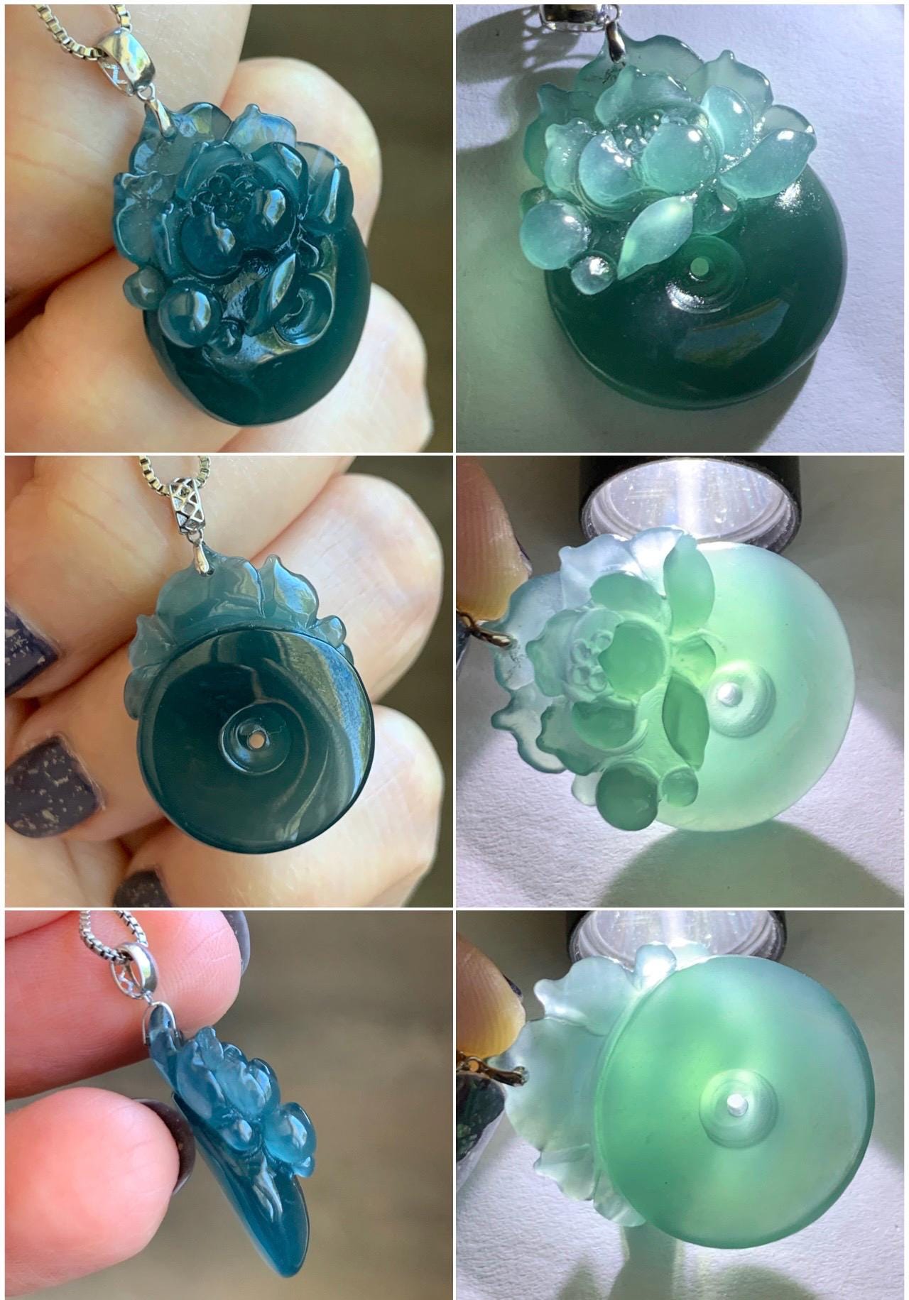 Natural Guatemalan Icy Translucent Deep Aegean Blue Jadeite Lotus Flower Ping An Kou Donut Pendant 18K White Gold 天然冰危深牛仔蓝翡翠莲花平安扣吊坠 NZLW150