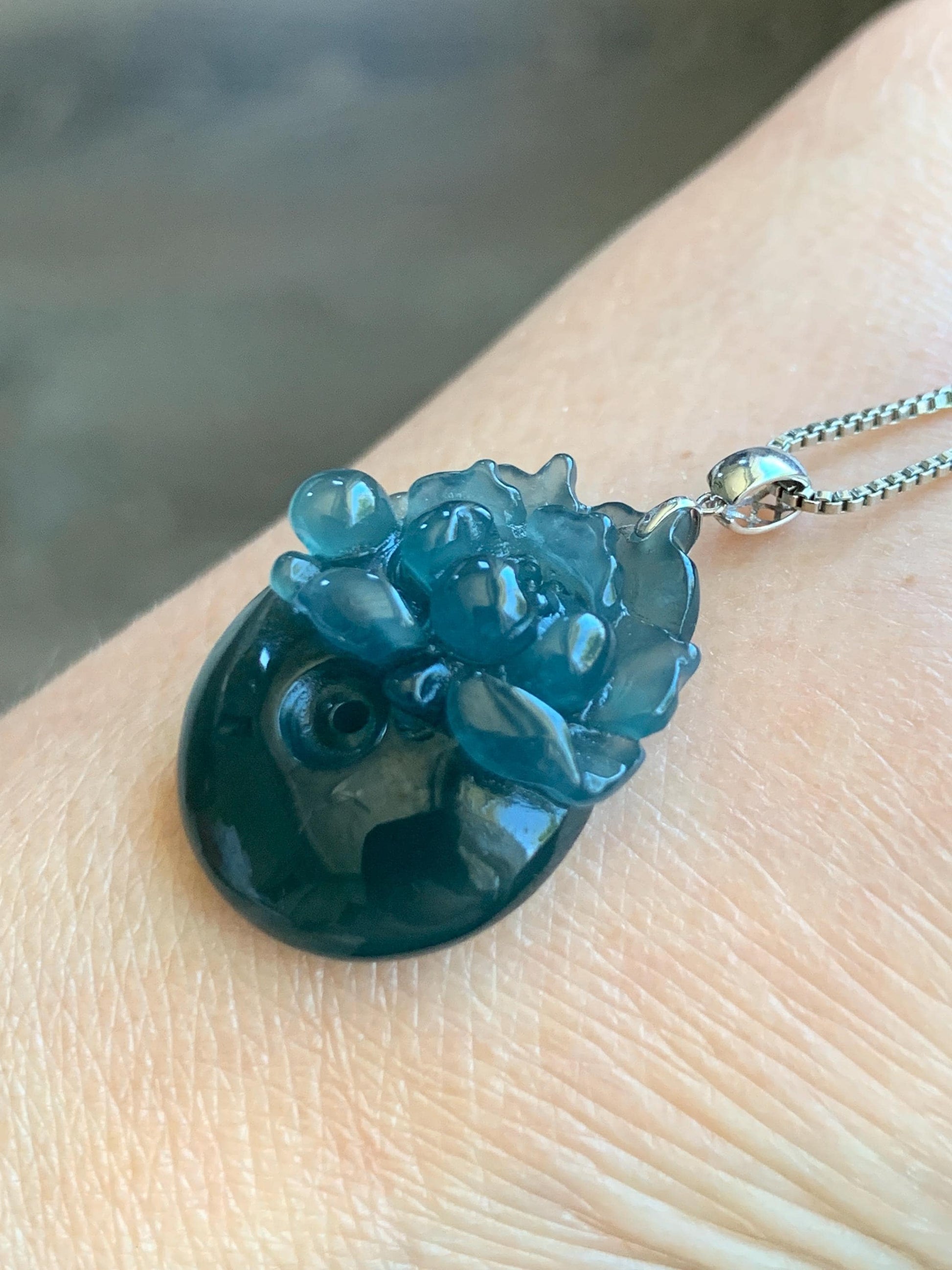 Natural Guatemalan Icy Translucent Deep Aegean Blue Jadeite Lotus Flower Ping An Kou Donut Pendant 18K White Gold 天然冰危深牛仔蓝翡翠莲花平安扣吊坠 NZLW150