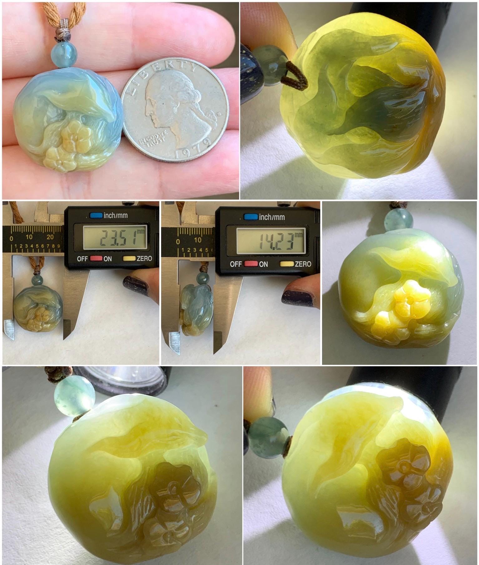 Natural Grade A Icy Translucent Dusty Blue Yellow Bicolored Jadeite Carved Nine-Tailed Fox Pendant Rope Necklace 26” 天然冰蓝加黄翡翠九尾狐梅花吊坠项链 JWWA