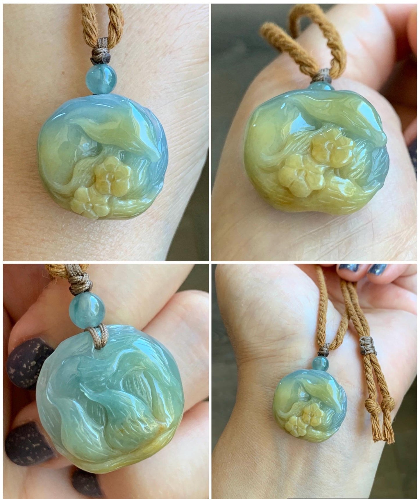 Natural Grade A Icy Translucent Dusty Blue Yellow Bicolored Jadeite Carved Nine-Tailed Fox Pendant Rope Necklace 26” 天然冰蓝加黄翡翠九尾狐梅花吊坠项链 JWWA