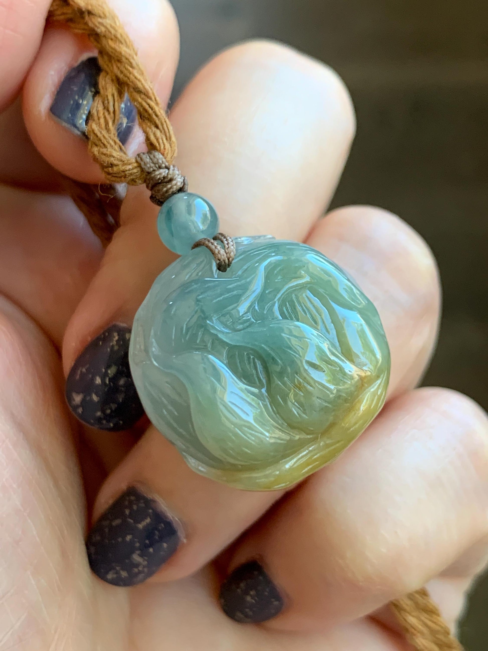 Natural Grade A Icy Translucent Dusty Blue Yellow Bicolored Jadeite Carved Nine-Tailed Fox Pendant Rope Necklace 26” 天然冰蓝加黄翡翠九尾狐梅花吊坠项链 JWWA