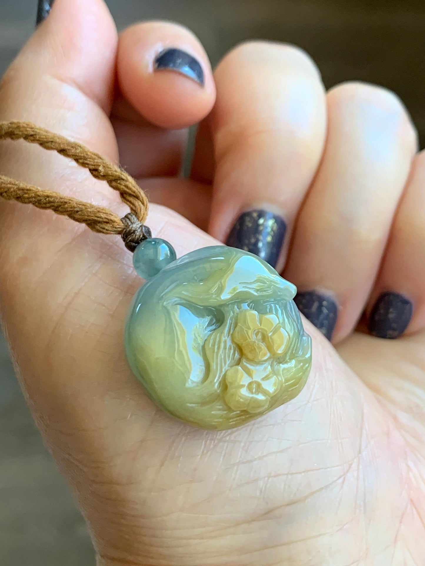 Natural Grade A Icy Translucent Dusty Blue Yellow Bicolored Jadeite Carved Nine-Tailed Fox Pendant Rope Necklace 26” 天然冰蓝加黄翡翠九尾狐梅花吊坠项链 JWWA