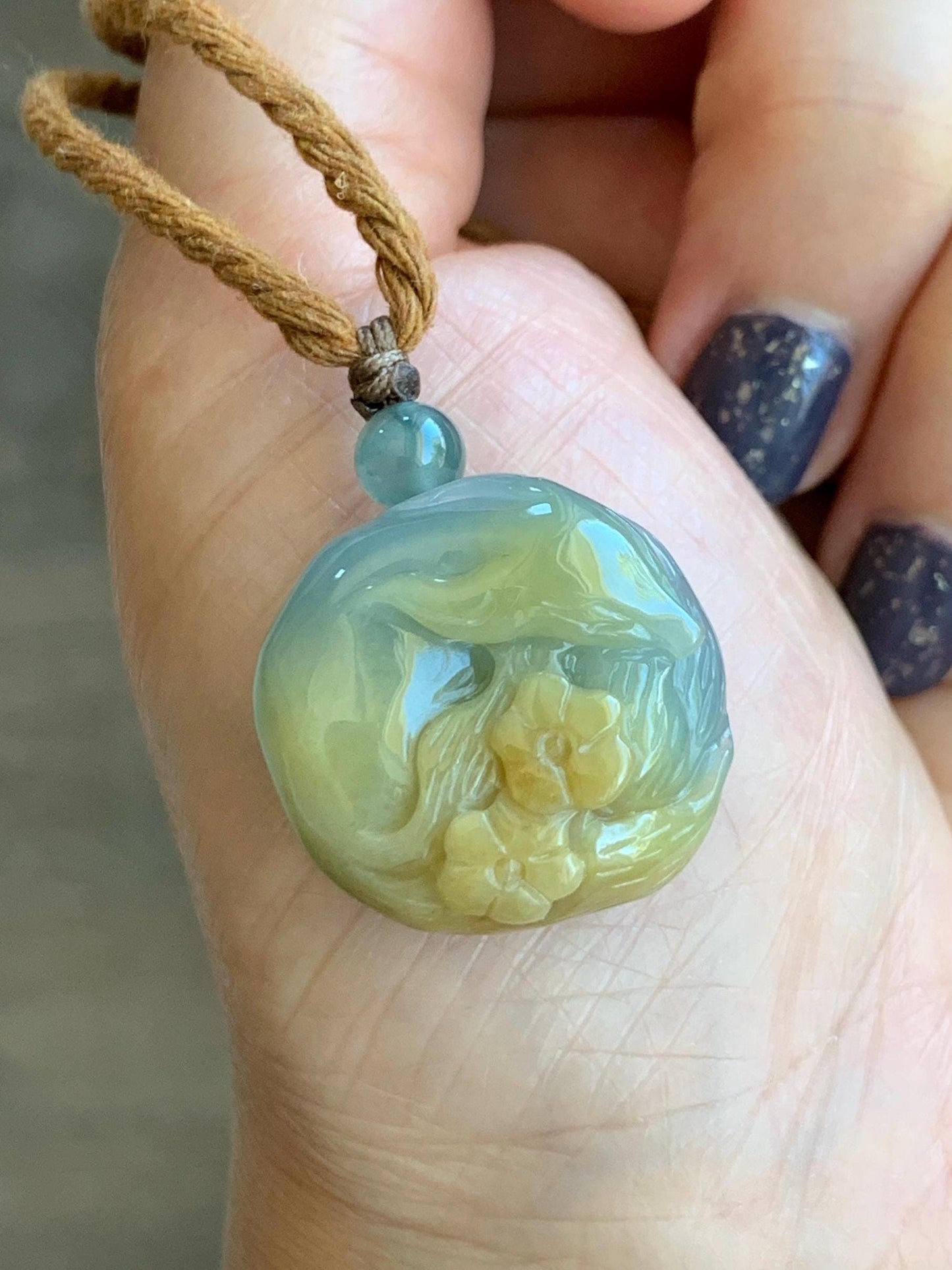 Natural Grade A Icy Translucent Dusty Blue Yellow Bicolored Jadeite Carved Nine-Tailed Fox Pendant Rope Necklace 26” 天然冰蓝加黄翡翠九尾狐梅花吊坠项链 JWWA