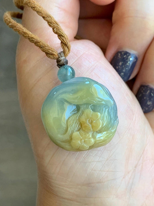 Natural Grade A Icy Translucent Dusty Blue Yellow Bicolored Jadeite Carved Nine-Tailed Fox Pendant Rope Necklace 26” 天然冰蓝加黄翡翠九尾狐梅花吊坠项链 JWWA