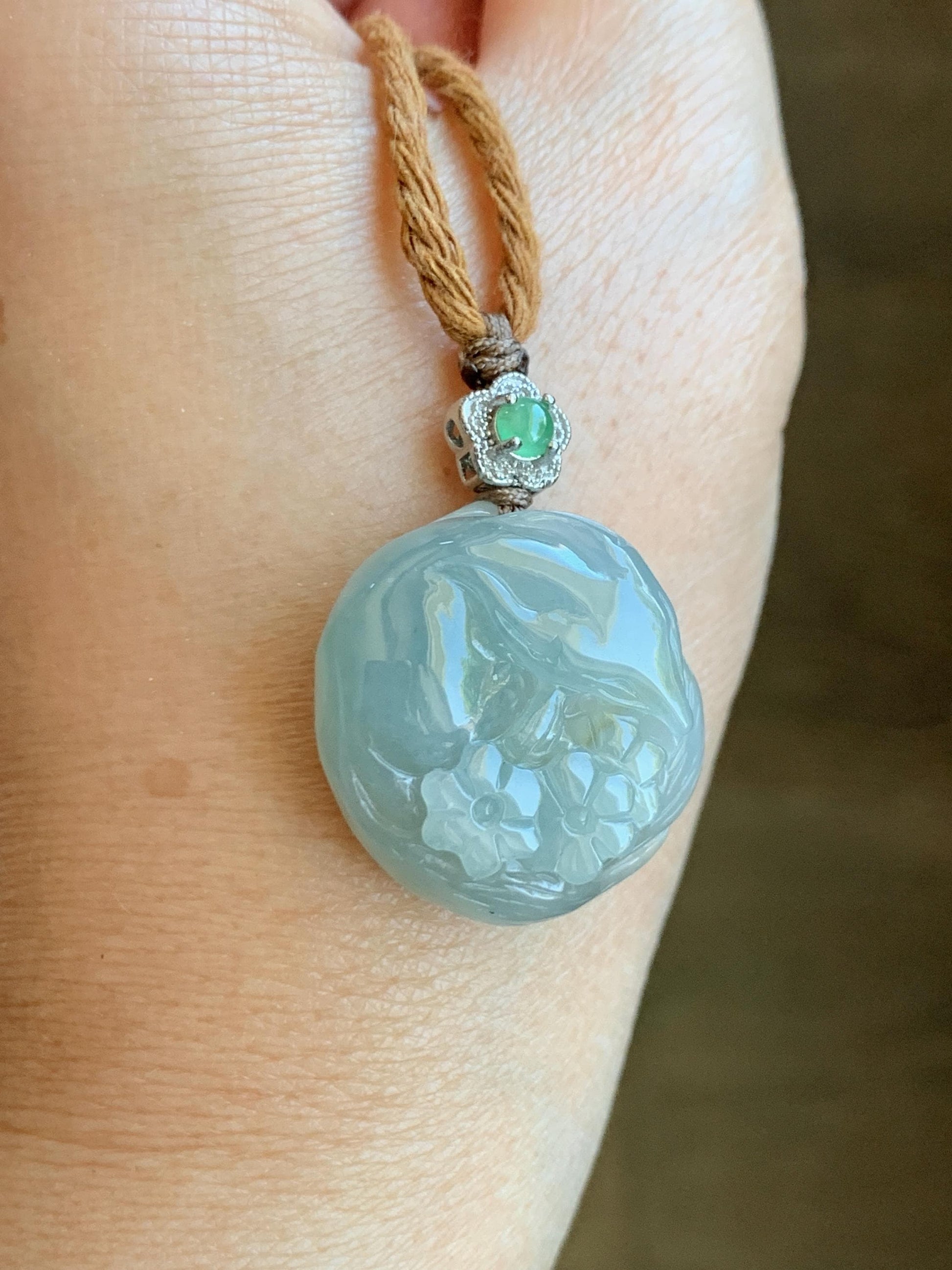 Natural Grade A Icy Translucent Gelatinous Dusty Teal Jade Jadeite Carved Nine-Tailed Fox Pendant Rope Necklace 26" 天然老种冰胶晴蓝翡翠九尾狐梅花吊坠 JWWB