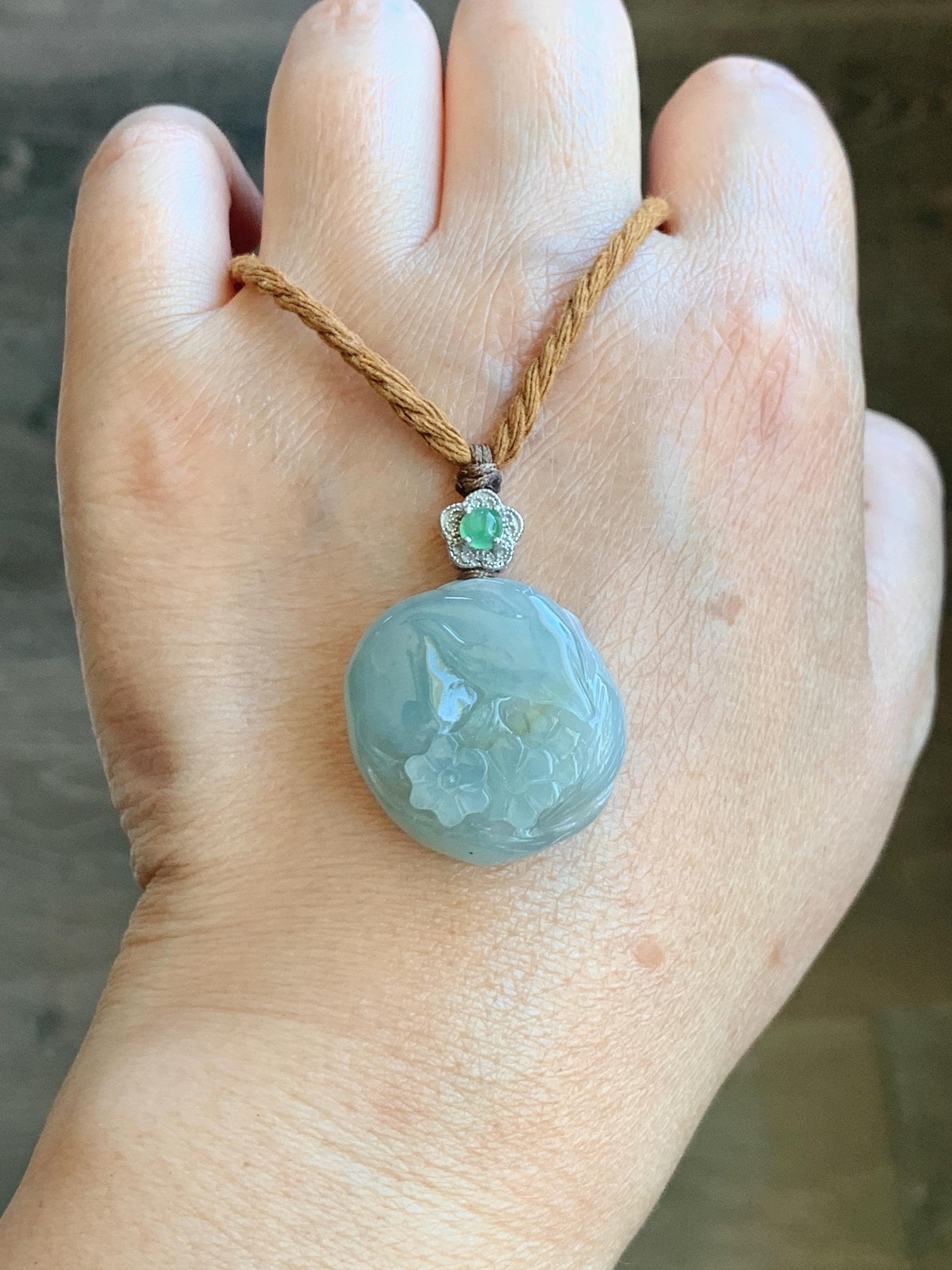 Natural Grade A Icy Translucent Gelatinous Dusty Teal Jade Jadeite Carved Nine-Tailed Fox Pendant Rope Necklace 26" 天然老种冰胶晴蓝翡翠九尾狐梅花吊坠 JWWB
