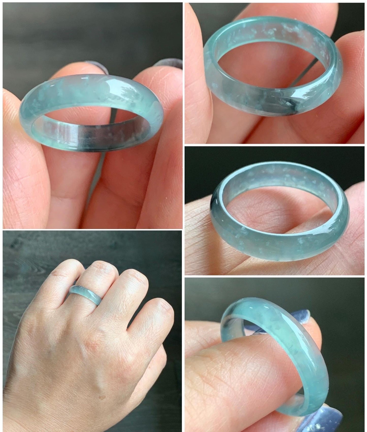 Natural Grade A Guatemalan Icy Highly Translucent Light Blue Wuji Jade Jadeite Band Ring Size 7.75 US 天然冰胶危淡蓝乌鸡翡翠戒圈 WWJ55D