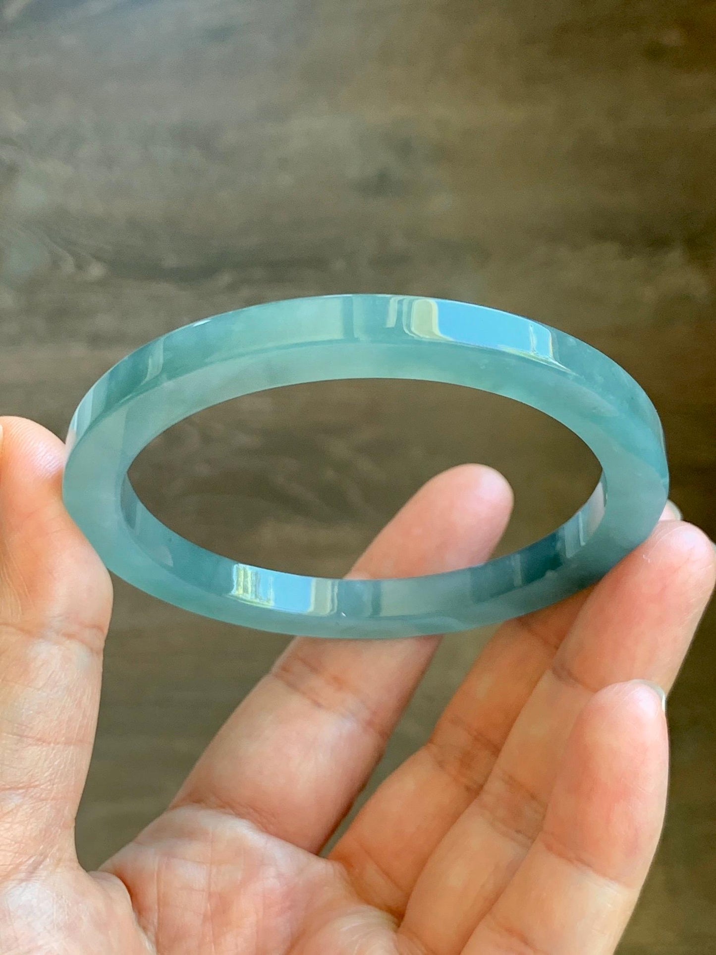 Certified Natural Guatemalan Icy Translucent Gelatinous Teal Blue Jade Jadeite Square Edged Bangle Bracelet 57.3mm 7” 28g 天然冰胶危蓝翡翠方镯手镯 8794