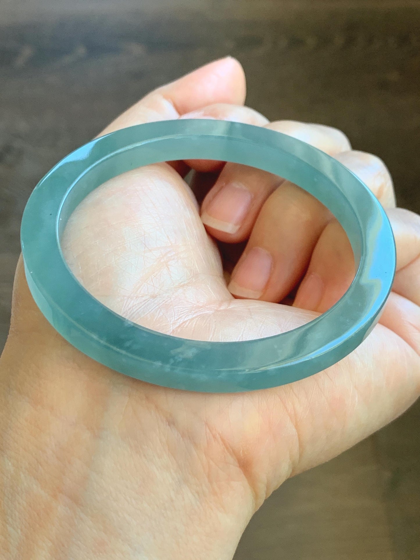Certified Natural Guatemalan Icy Translucent Gelatinous Teal Blue Jade Jadeite Square Edged Bangle Bracelet 57.3mm 7” 28g 天然冰胶危蓝翡翠方镯手镯 8794
