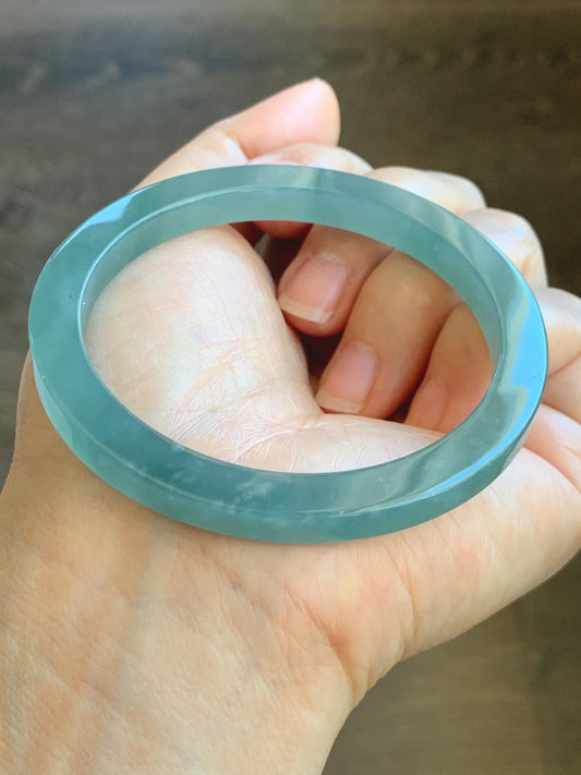 Certified Natural Guatemalan Icy Translucent Gelatinous Teal Blue Jade Jadeite Square Edged Bangle Bracelet 57.3mm 7” 28g 天然冰胶危蓝翡翠方镯手镯 8794