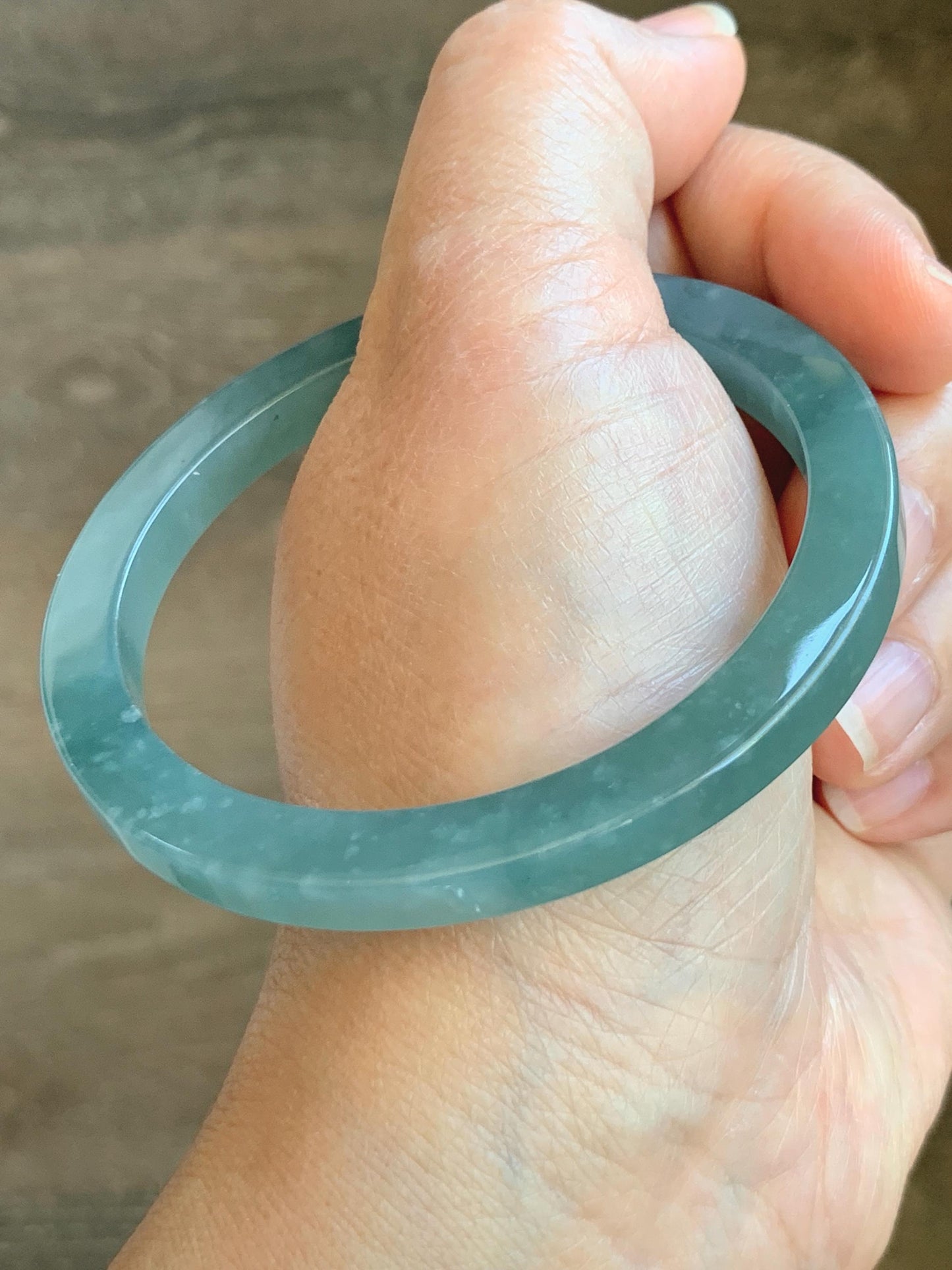 Certified Natural Guatemalan Icy Translucent Gelatinous Teal Blue Jade Jadeite Square Edged Bangle Bracelet 57.3mm 7” 28g 天然冰胶危蓝翡翠方镯手镯 8794