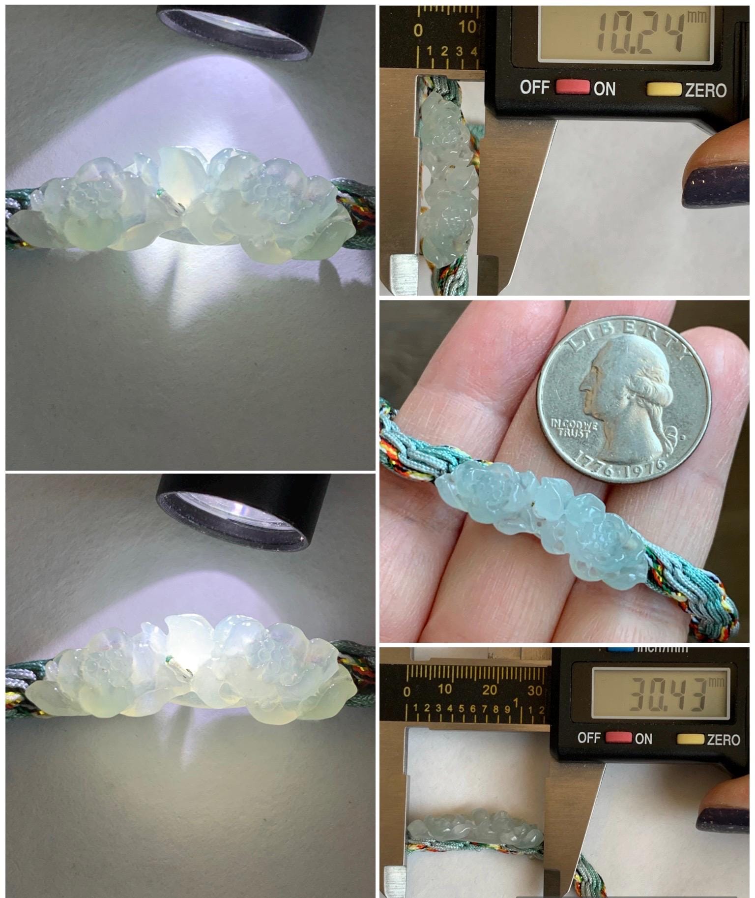 Natural Grade A Icy Highly Translucent White Jade Jadeite Carved Double Lotus Flower Handcrafted Rope Bracelet 6”-8” 天然冰胶白翡翠双莲花手绳 MSLH130
