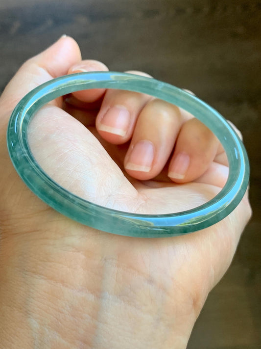 Certified Natural Grade A Guatemalan Icy Highly Translucent Light Green Jade Jadeite Slim Bangle 61.7mm 7.6” 20.42g 天然冰胶危晴绿翡翠细圆条手镯 8789