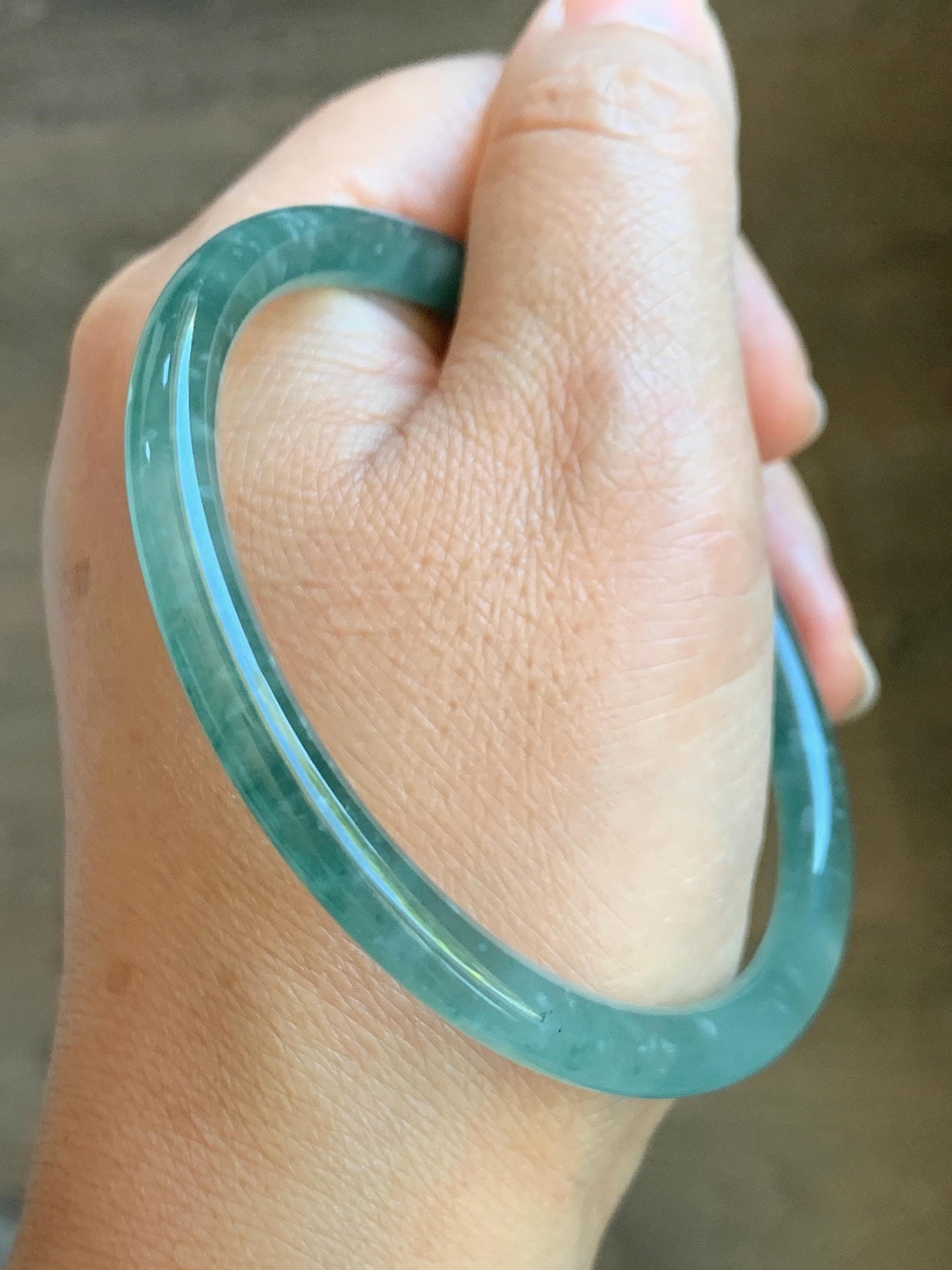 Certified Natural Grade A Guatemalan Icy Highly Translucent Light Green Jade Jadeite Slim Bangle 61.7mm 7.6” 20.42g 天然冰胶危晴绿翡翠细圆条手镯 8789