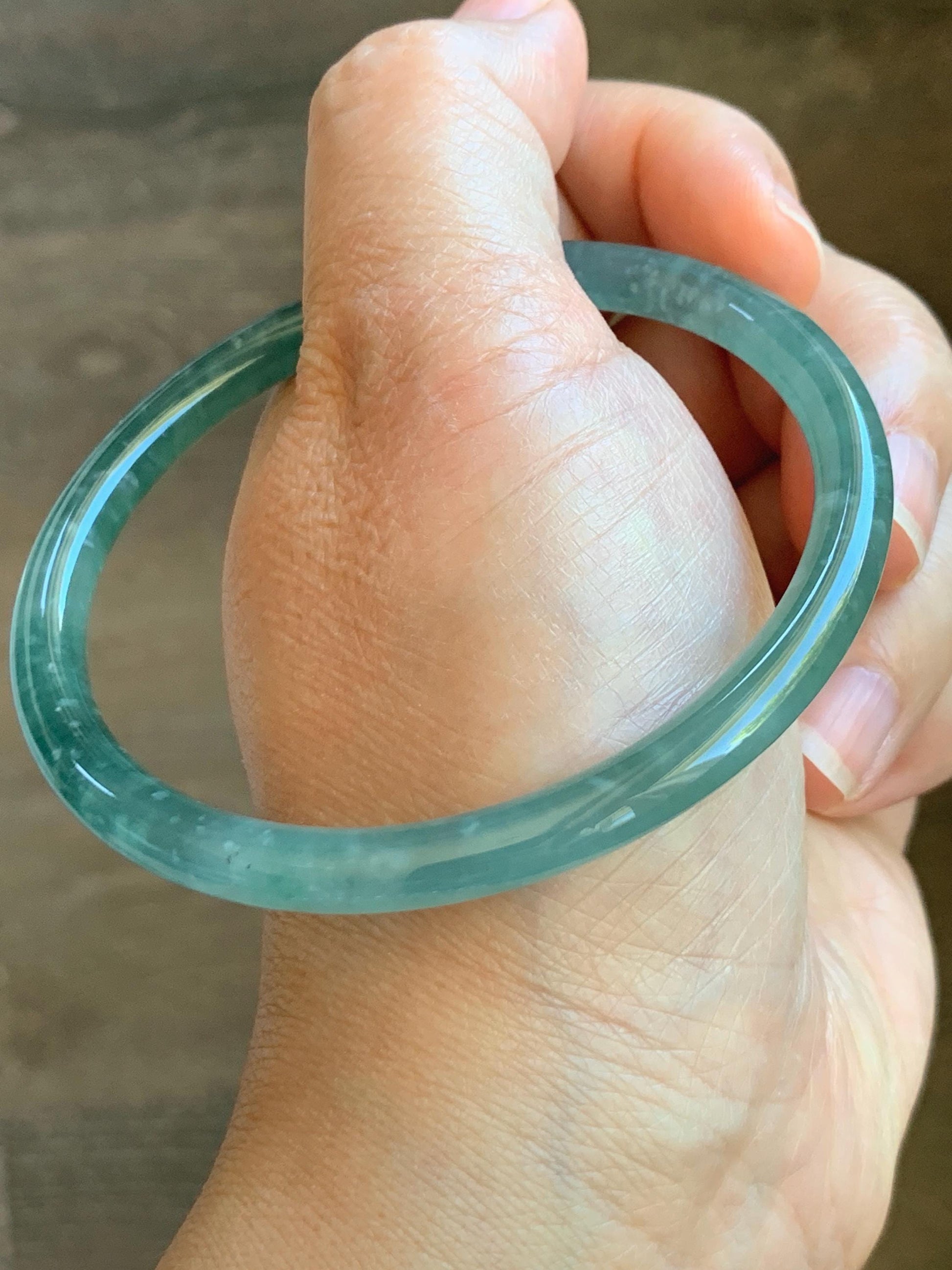 Certified Natural Grade A Guatemalan Icy Highly Translucent Light Green Jade Jadeite Slim Bangle 61.7mm 7.6” 20.42g 天然冰胶危晴绿翡翠细圆条手镯 8789
