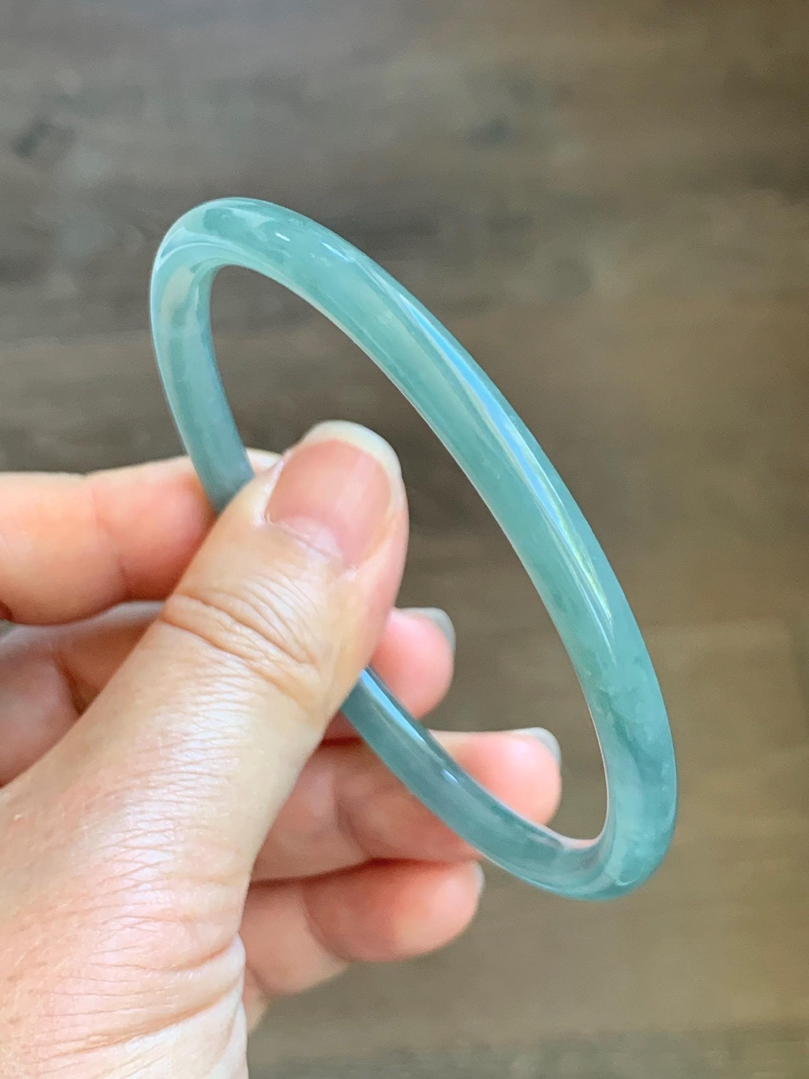 Certified Natural Grade A Guatemalan Icy Translucent Teal Jade Jadeite Slim Bangle 62.3mm 7.7” 18.94g 天然冰危蓝翡翠细圆条手镯 8801