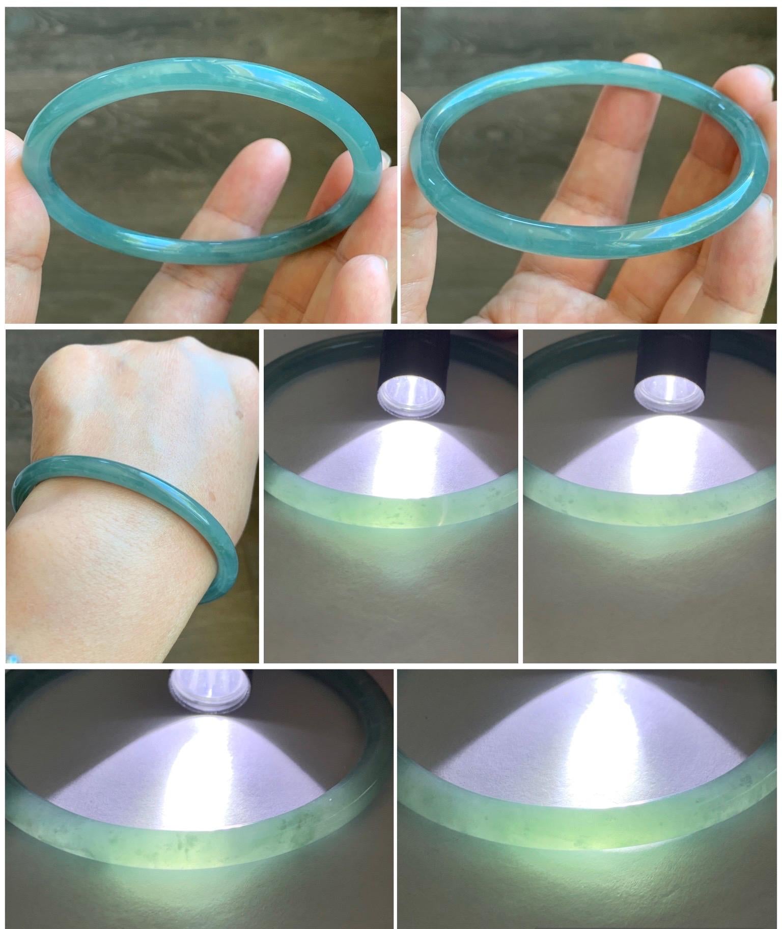 Certified Natural Grade A Guatemalan Icy Translucent Teal Jade Jadeite Slim Bangle 62.3mm 7.7” 18.94g 天然冰危蓝翡翠细圆条手镯 8801