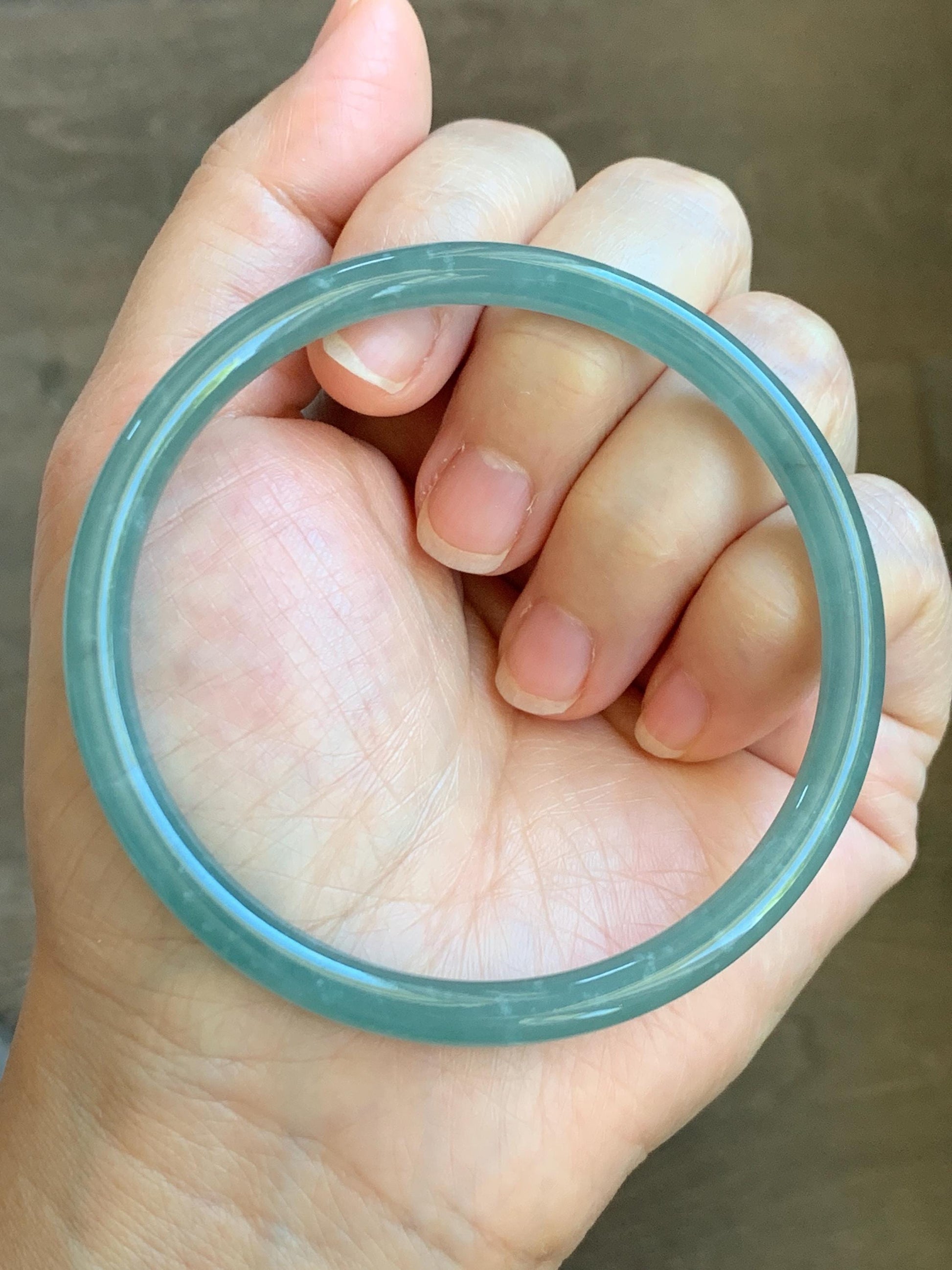 Certified Natural Grade A Guatemalan Icy Translucent Teal Jade Jadeite Slim Bangle 62.3mm 7.7” 18.94g 天然冰危蓝翡翠细圆条手镯 8801