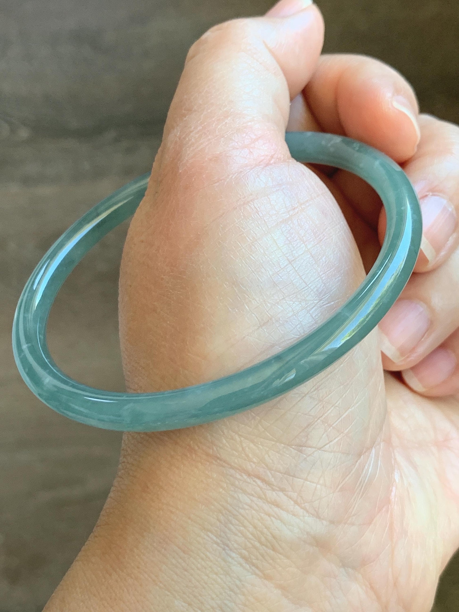 Certified Natural Grade A Guatemalan Icy Translucent Teal Jade Jadeite Slim Bangle 62.3mm 7.7” 18.94g 天然冰危蓝翡翠细圆条手镯 8801
