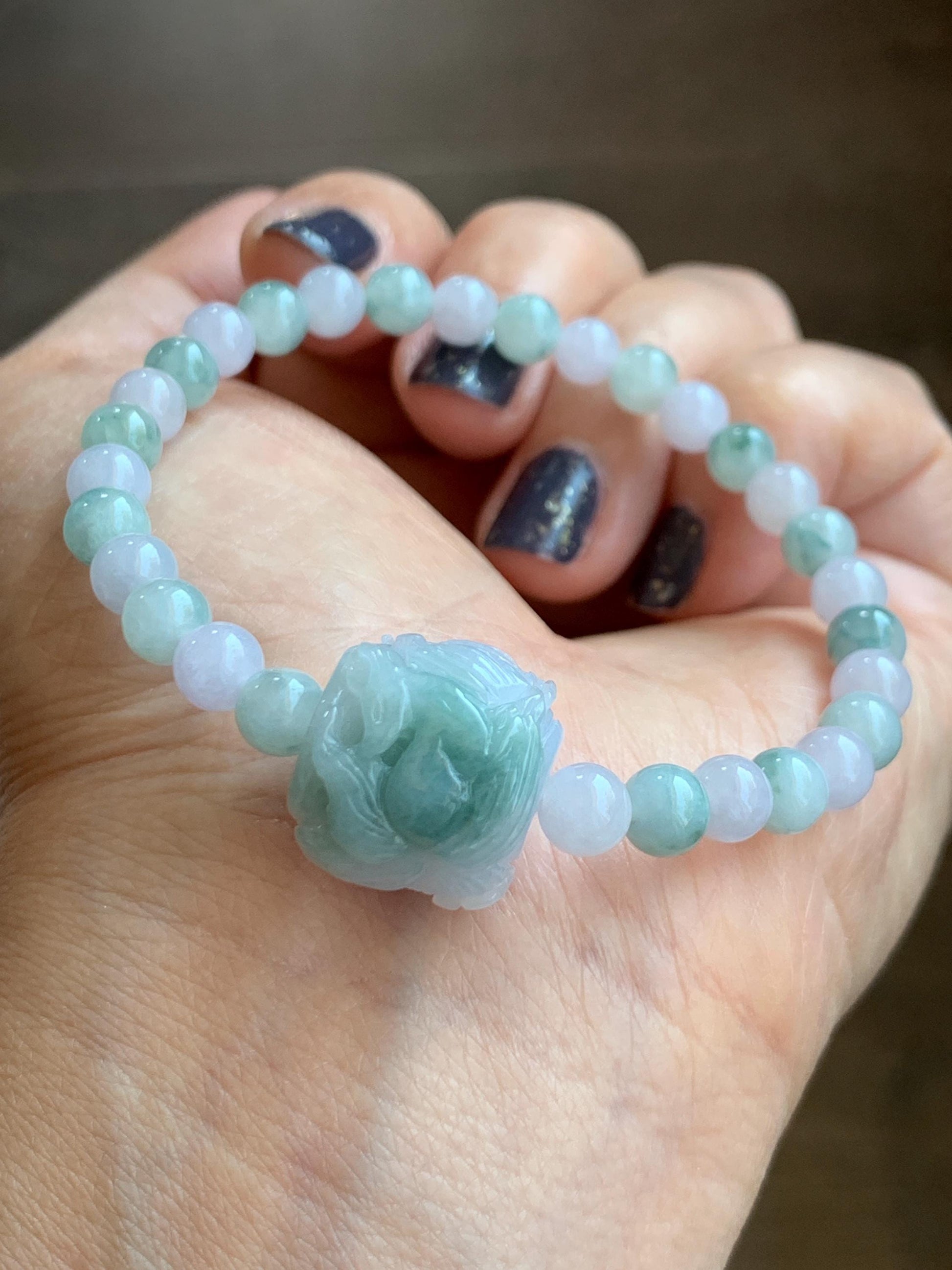 Natural Grade A Icy Translucent Pastel Purple & Green Jade Jadeite Carved Nine-Tailed Fox Beaded Bracelet 6.75” 17g 天然冰胶春彩翡翠九尾狐珠手串 MCC320