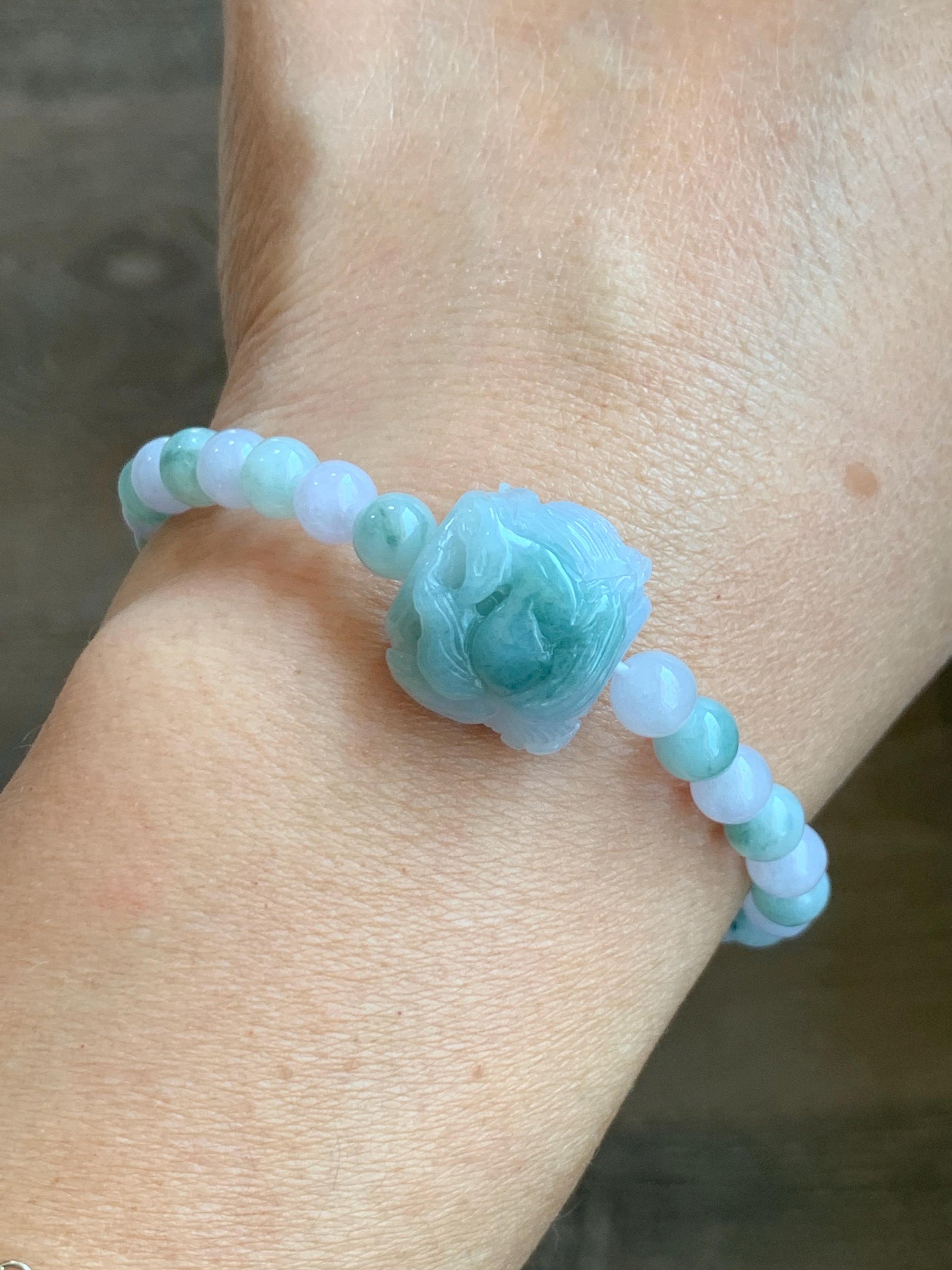 Natural Grade A Icy Translucent Pastel Purple & Green Jade Jadeite Carved Nine-Tailed Fox Beaded Bracelet 6.75” 17g 天然冰胶春彩翡翠九尾狐珠手串 MCC320