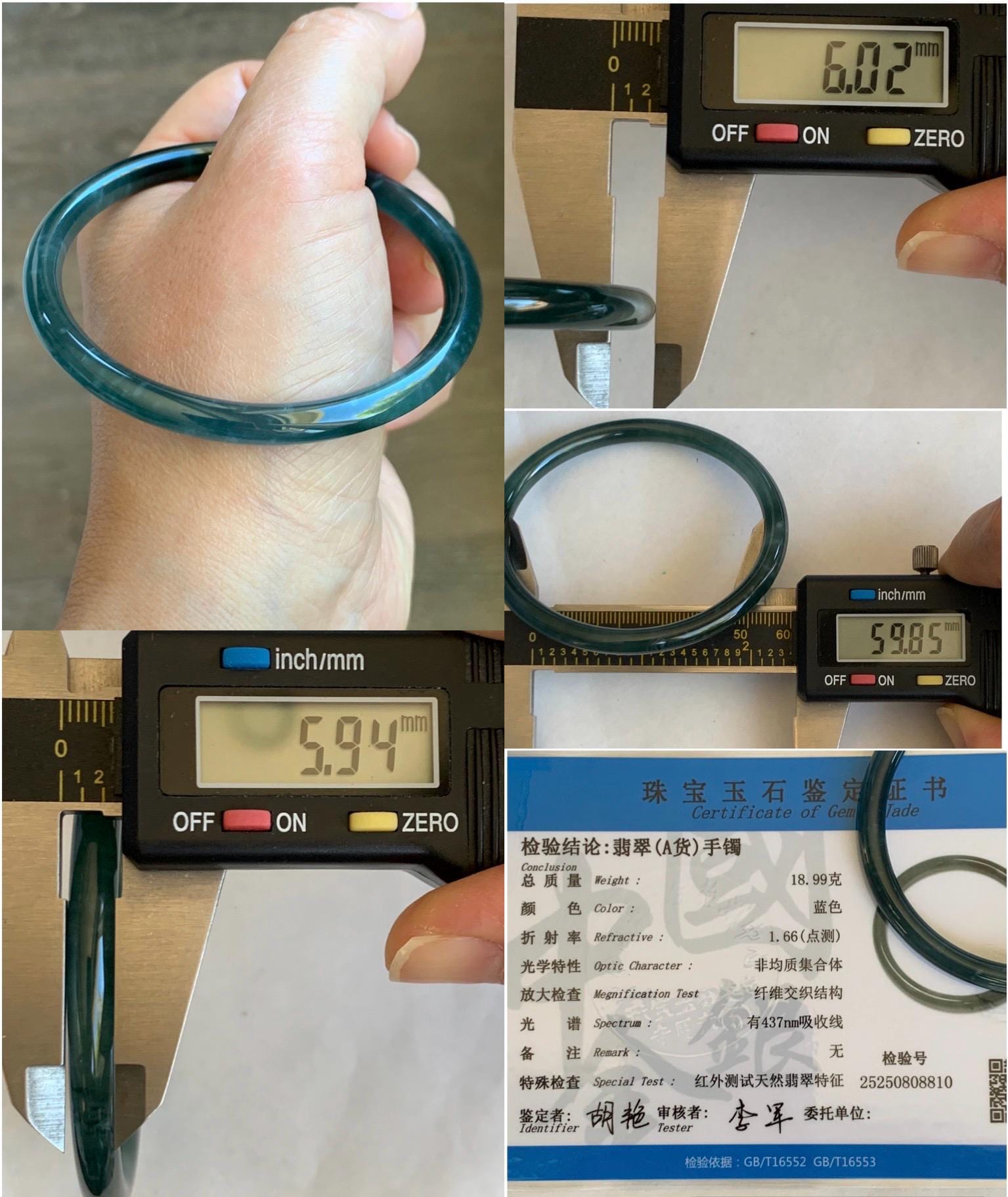 Certified Natural Grade A Guatemalan Icy Highly Translucent Dark Aegean Blue Jade Jadeite Slim Bangle 59.8mm 7.4” 18.99g 天然冰胶危深蓝翡翠细圆条手镯 8810