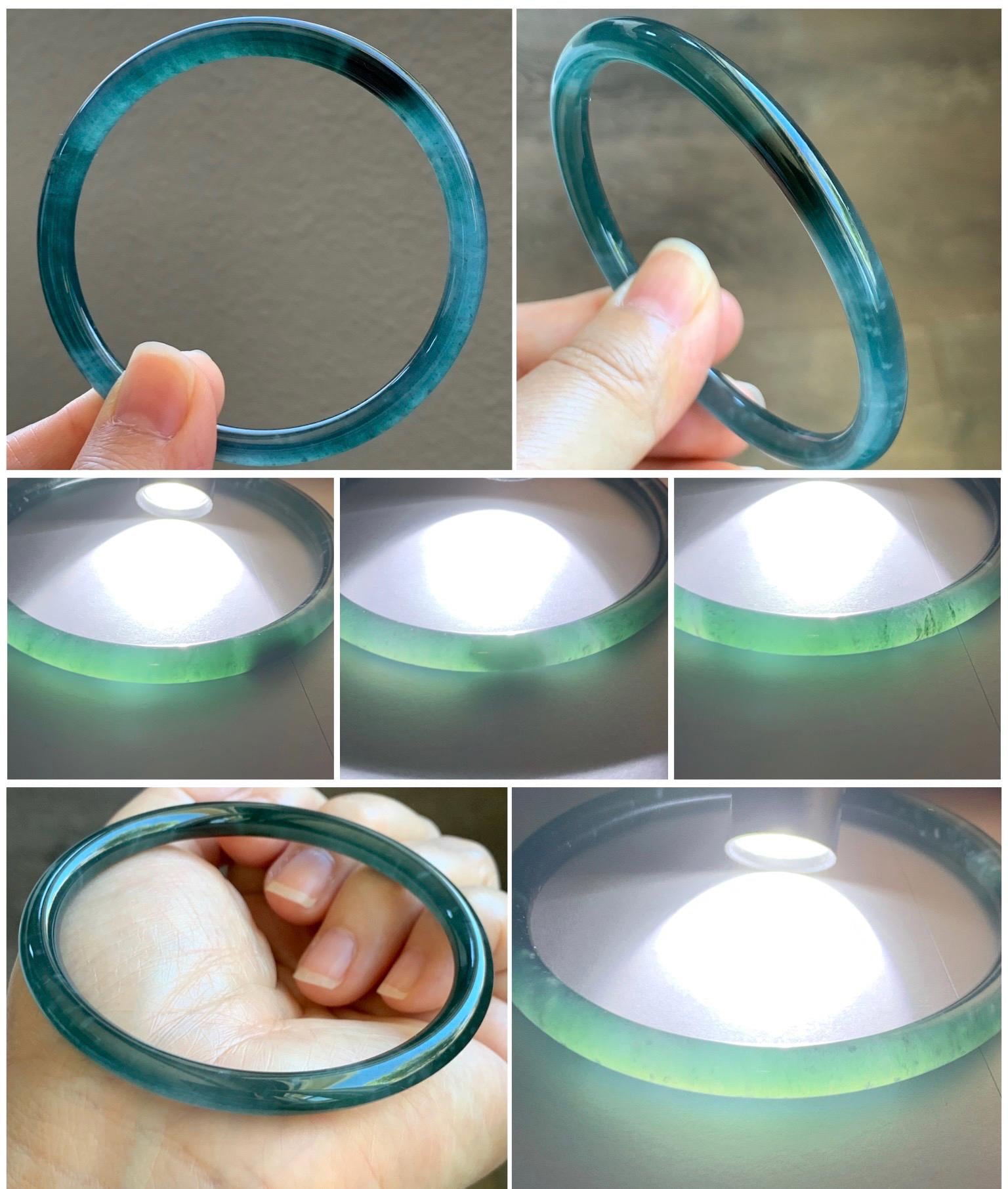 Certified Natural Grade A Guatemalan Icy Highly Translucent Dark Aegean Blue Jade Jadeite Slim Bangle 59.8mm 7.4” 18.99g 天然冰胶危深蓝翡翠细圆条手镯 8810