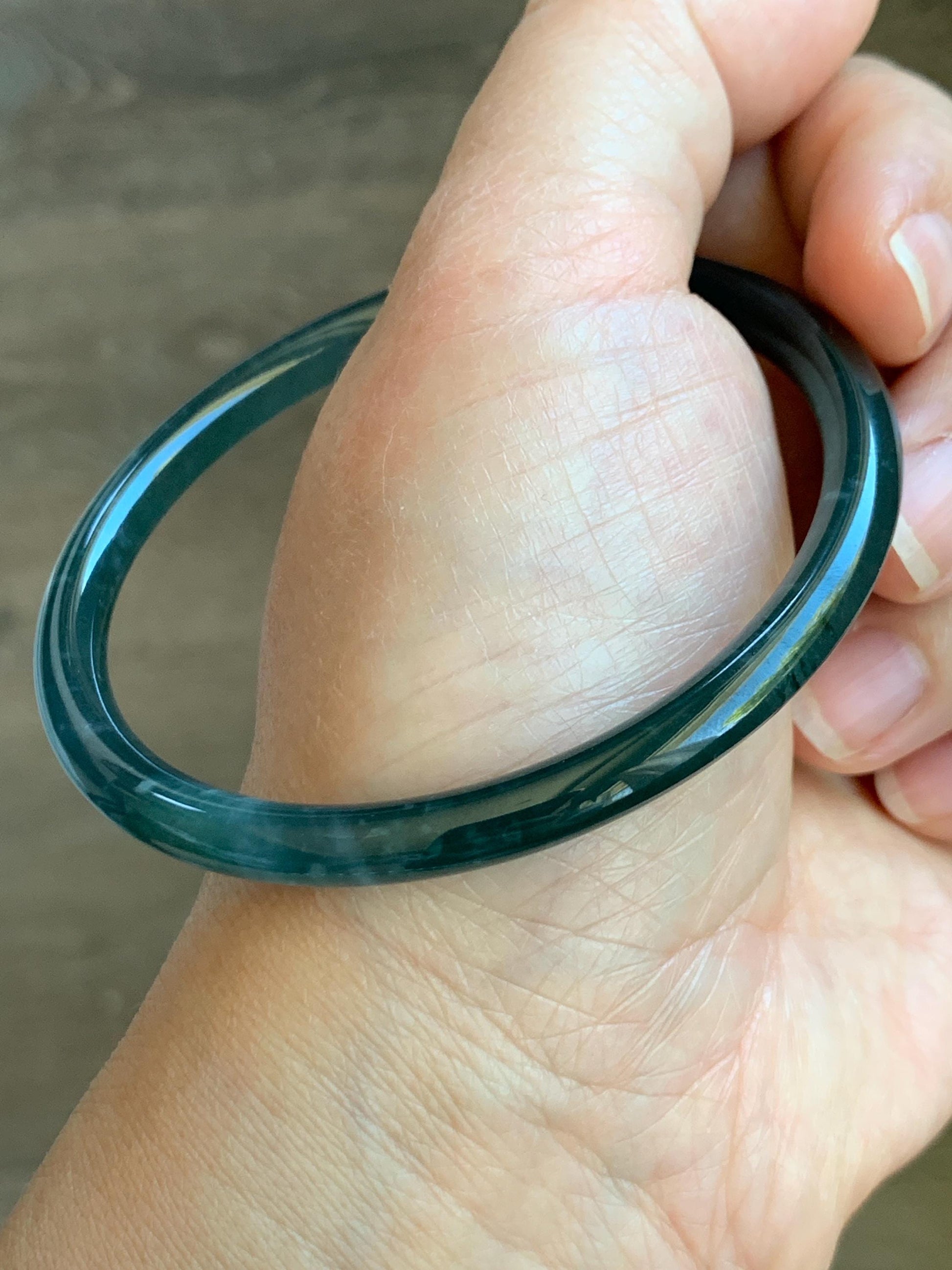 Certified Natural Grade A Guatemalan Icy Highly Translucent Dark Aegean Blue Jade Jadeite Slim Bangle 59.8mm 7.4” 18.99g 天然冰胶危深蓝翡翠细圆条手镯 8810