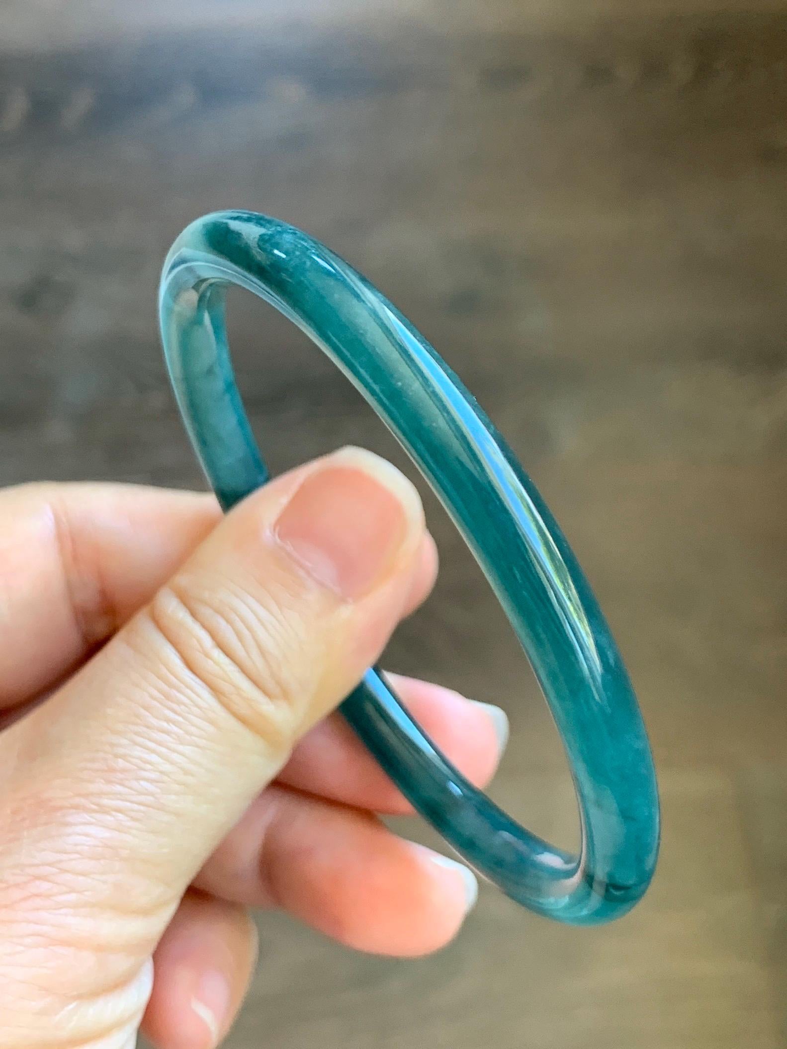 Certified Natural Grade A Guatemalan Icy Highly Translucent Dark Teal Blue Jade Jadeite Slim Bangle 59.6mm 7.37” 21g 天然冰胶危深蓝翡翠细圆条手镯 8760