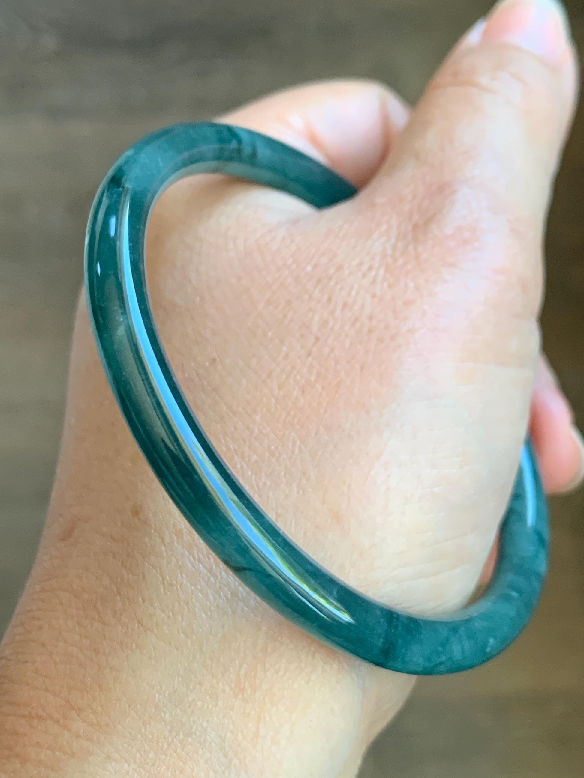 Certified Natural Grade A Guatemalan Icy Highly Translucent Dark Teal Blue Jade Jadeite Slim Bangle 59.6mm 7.37” 21g 天然冰胶危深蓝翡翠细圆条手镯 8760