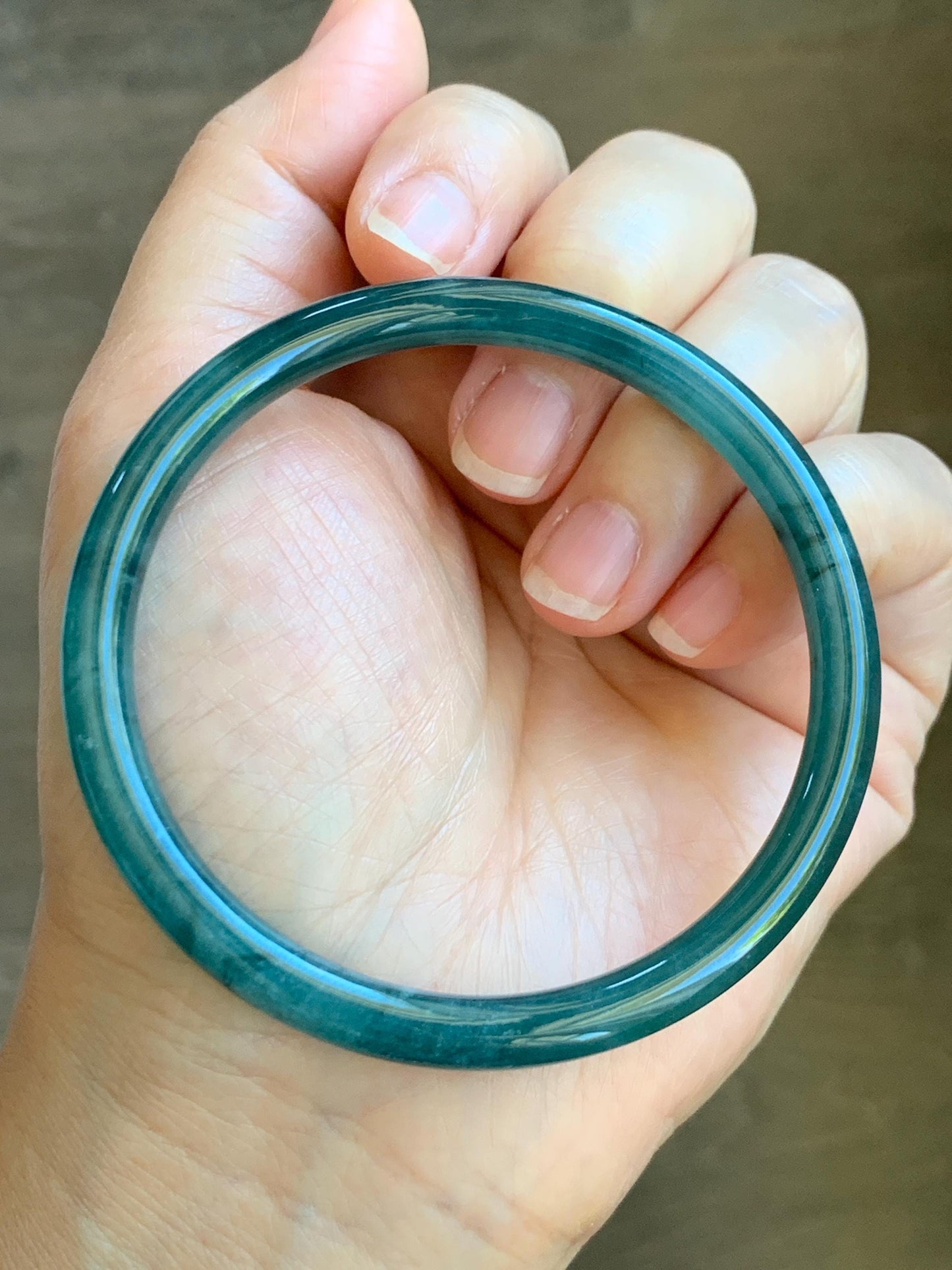 Certified Natural Grade A Guatemalan Icy Highly Translucent Dark Teal Blue Jade Jadeite Slim Bangle 59.6mm 7.37” 21g 天然冰胶危深蓝翡翠细圆条手镯 8760