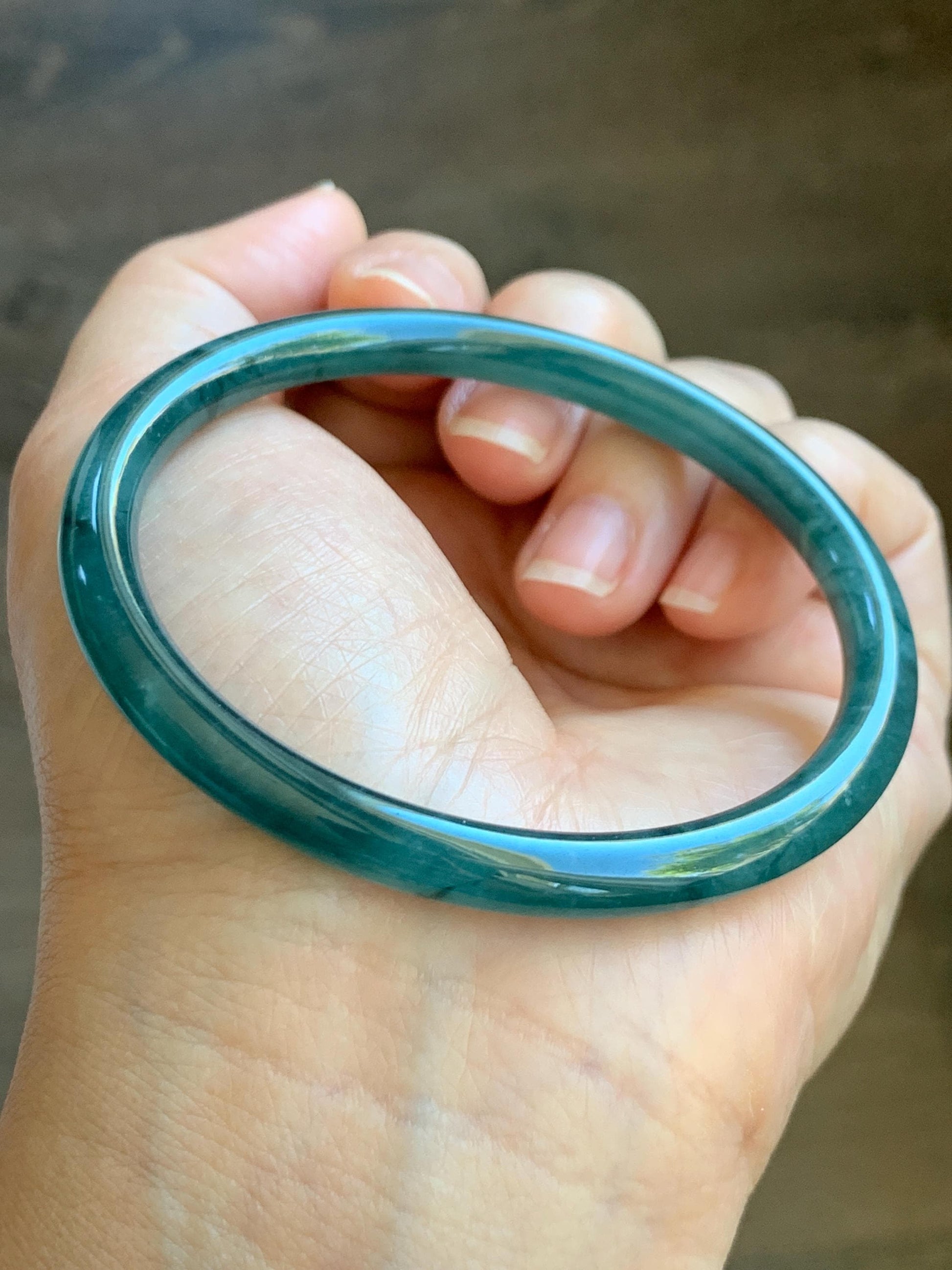 Certified Natural Grade A Guatemalan Icy Highly Translucent Dark Teal Blue Jade Jadeite Slim Bangle 59.6mm 7.37” 21g 天然冰胶危深蓝翡翠细圆条手镯 8760