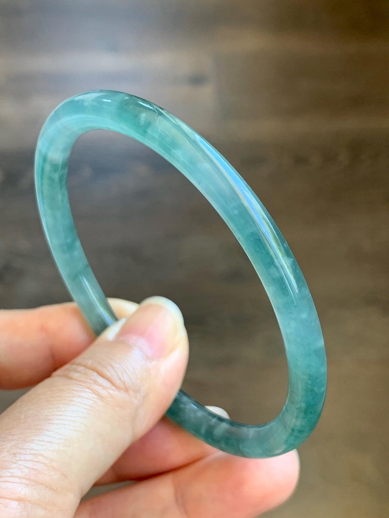 Certified Natural Grade A Guatemalan Icy Highly Translucent Light Green Jade Jadeite Slim Bangle 61.9mm 7.65” 22g 天然冰胶危晴绿翡翠细圆条手镯 8809