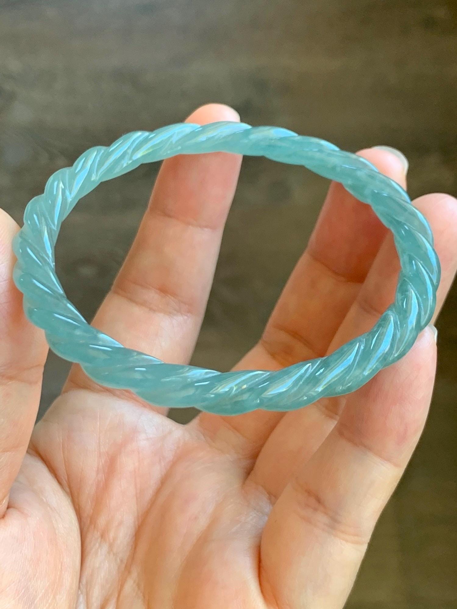 Certified Natural Grade A Guatemalan Icy Translucent Gelatinous Light Teal Jade Jadeite Carved Braid Bangle 57.2mm 7” 天然冰胶危浅晴蓝翡翠细麻花手镯 8793