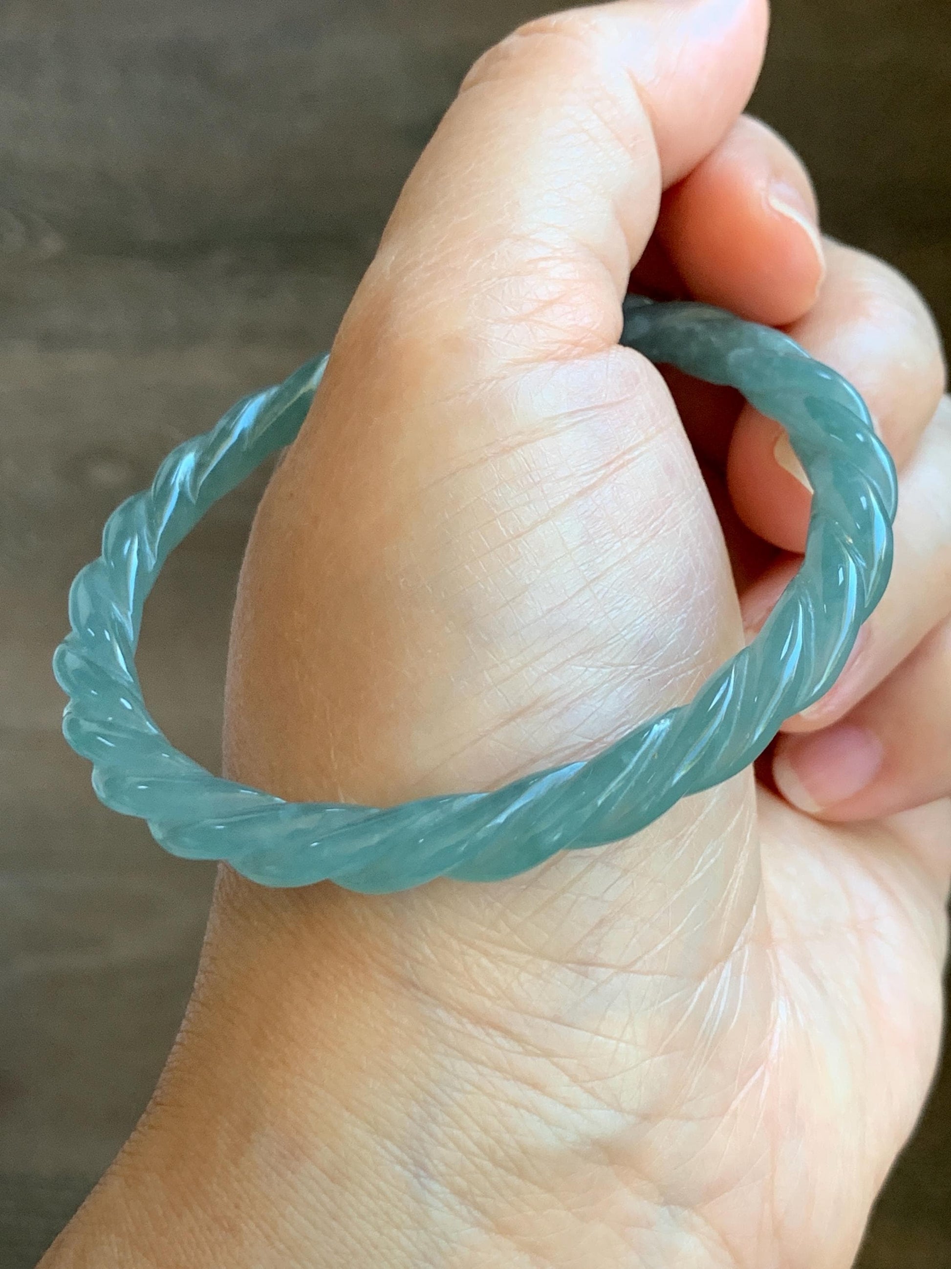 Certified Natural Grade A Guatemalan Icy Translucent Gelatinous Light Teal Jade Jadeite Carved Braid Bangle 57.2mm 7” 天然冰胶危浅晴蓝翡翠细麻花手镯 8793