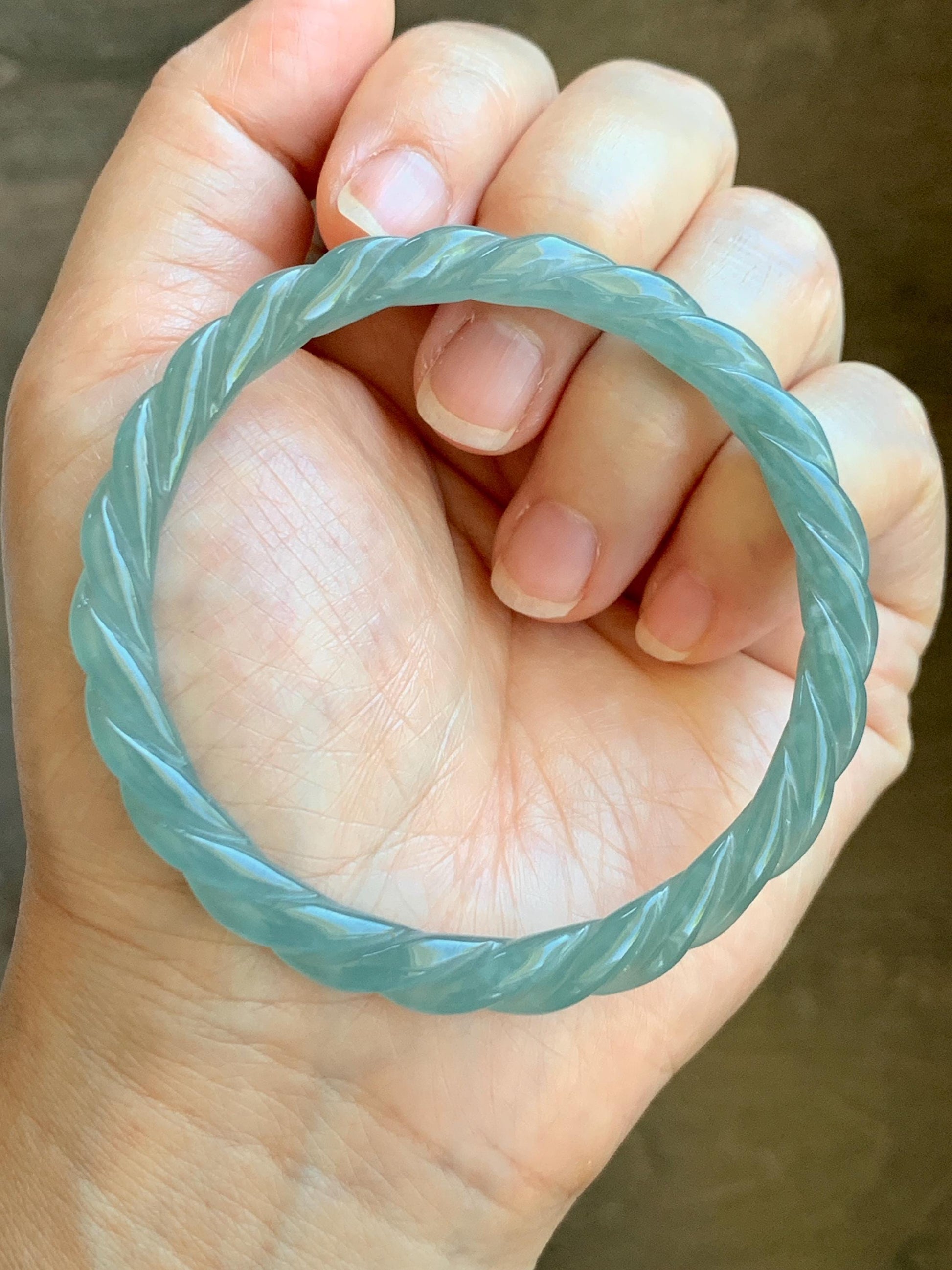 Certified Natural Grade A Guatemalan Icy Translucent Gelatinous Light Teal Jade Jadeite Carved Braid Bangle 57.2mm 7” 天然冰胶危浅晴蓝翡翠细麻花手镯 8793